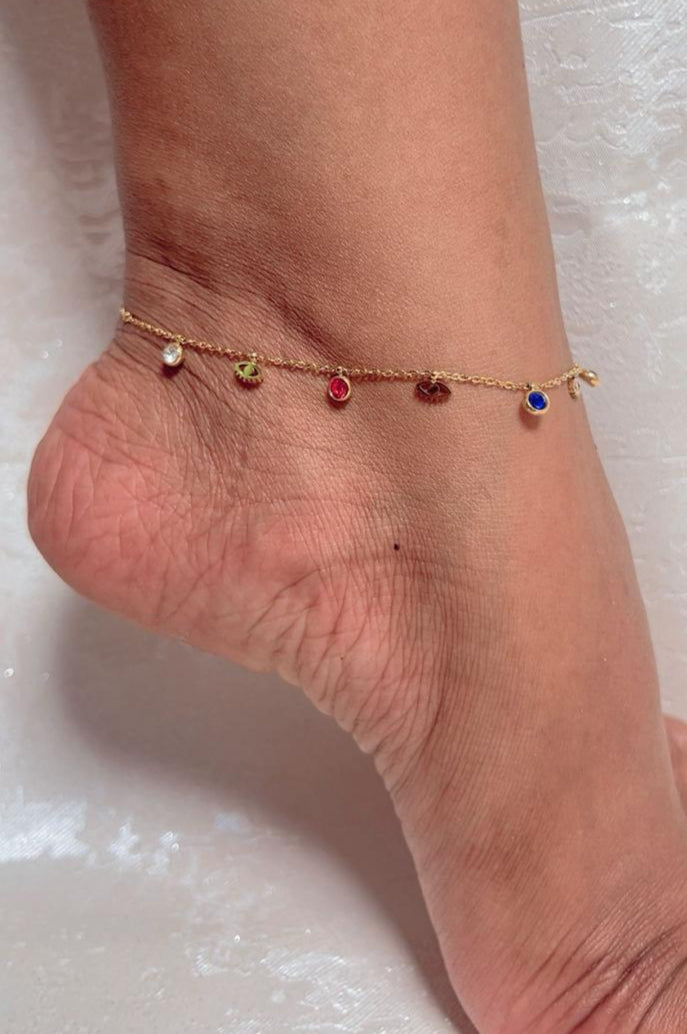 Anti tarnish Gold Plated Anklet with Multicolor Gemstone Charms