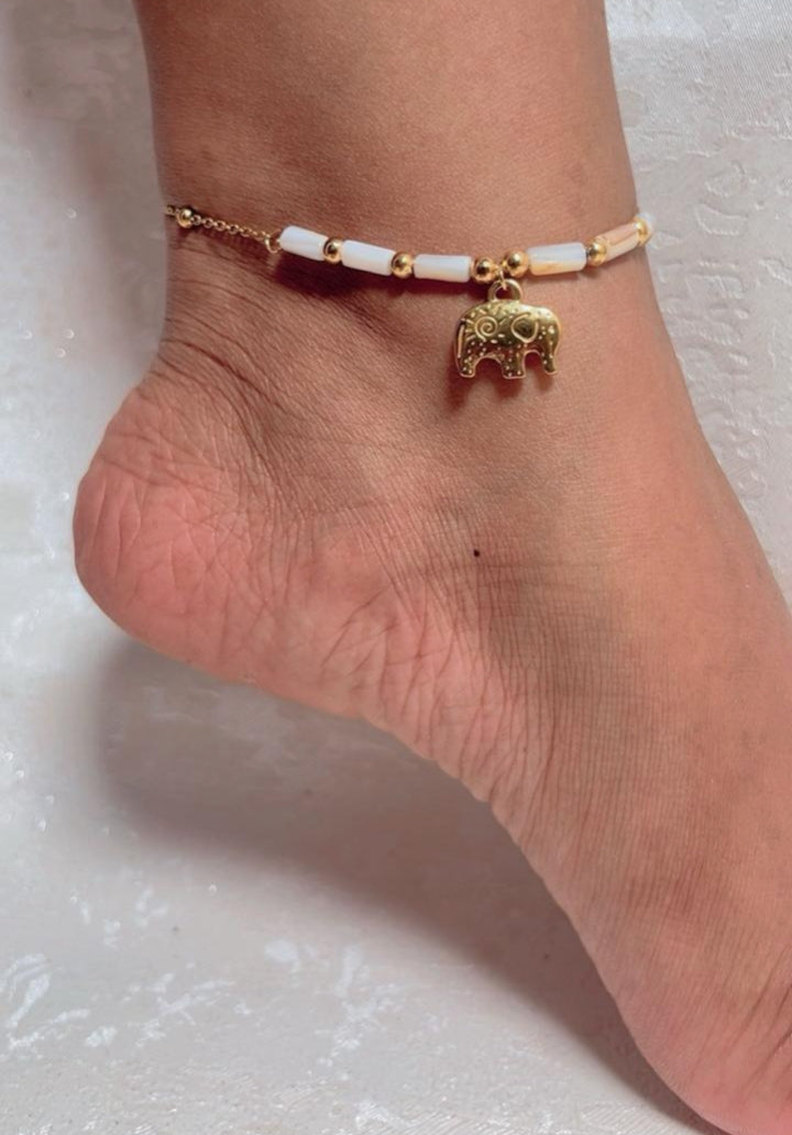 Anti tarnish Good Luck Elephant Gold & White Beaded Anklet