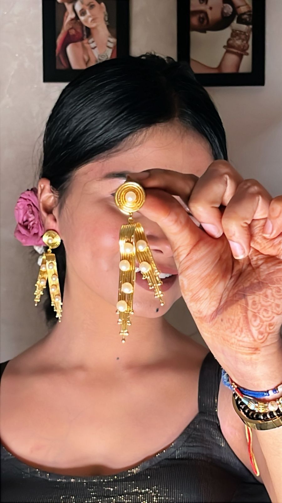 Statement Gold Ray Drop brass Earrings with Pearls