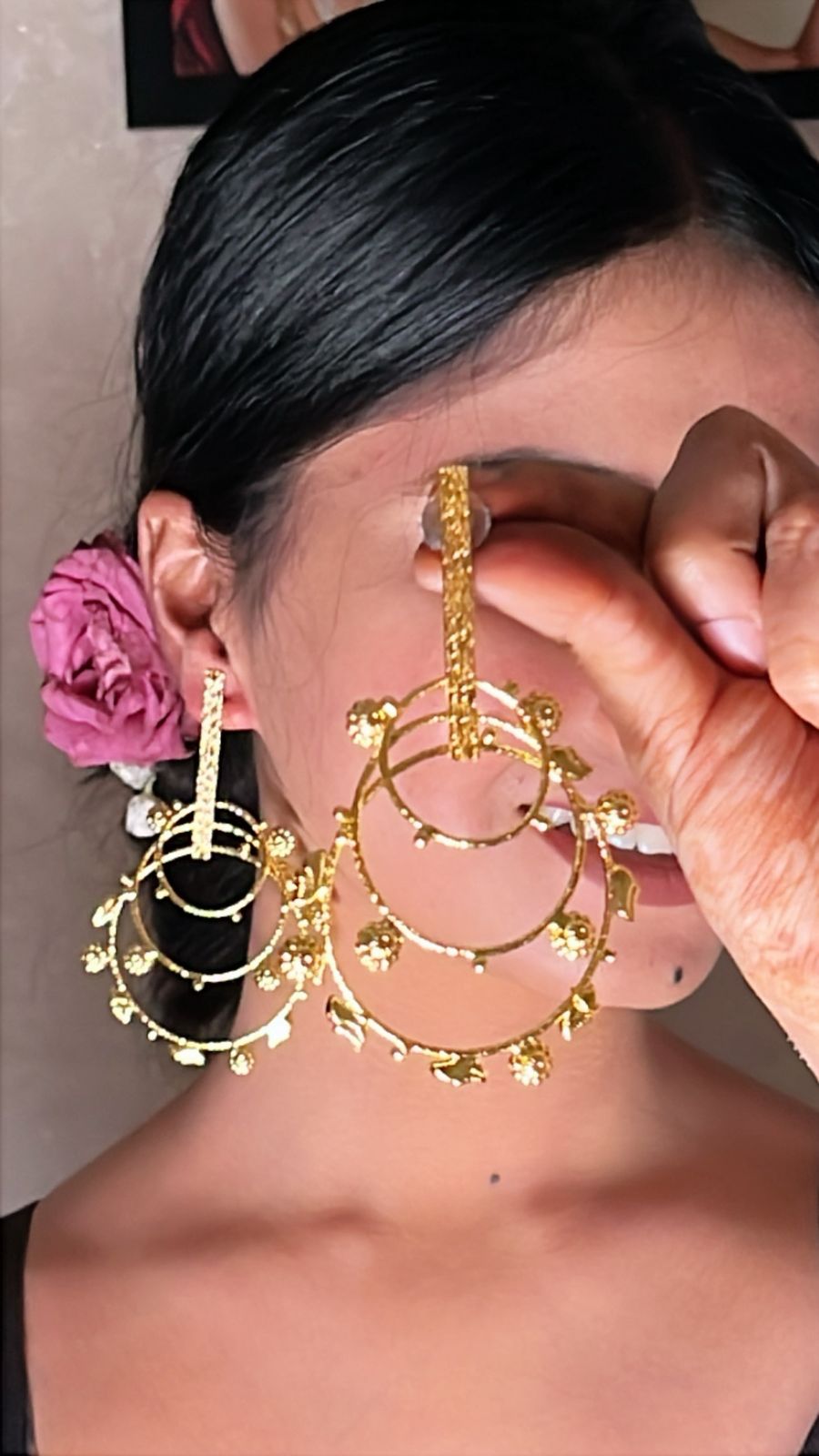 Elegant Gold Plated brass Earrings with Floral and Leaf Details
