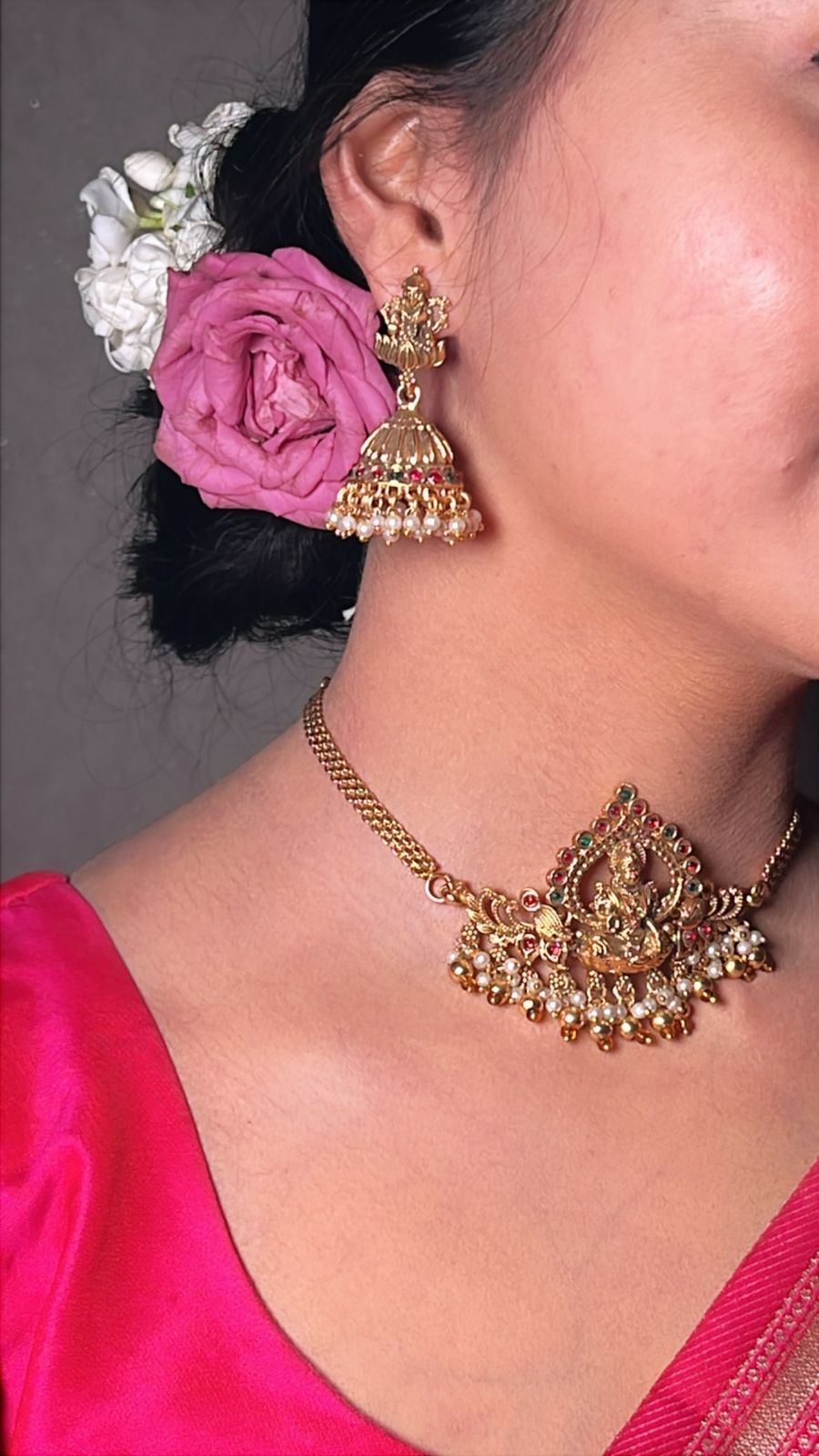 Traditional Lakshmi Kasu Gold Plated Jewellery Set - Jhumkas & Necklace