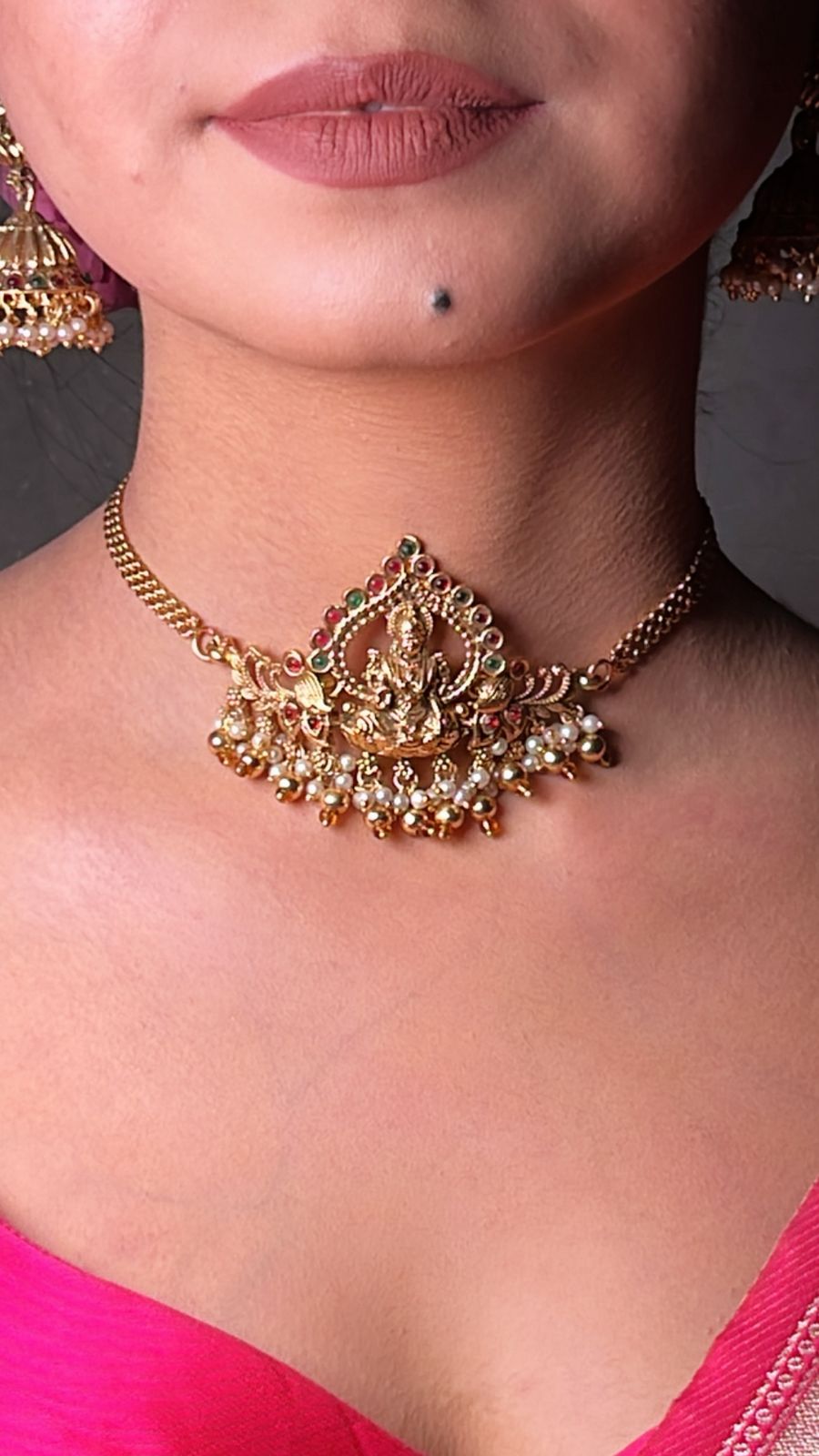 Traditional Lakshmi Kasu Gold Plated Jewellery Set - Jhumkas & Necklace