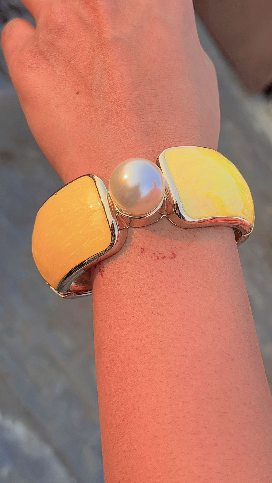 Anti tarnish Bold Yellow Enamel and Faux Pearl Cuff Bracelet