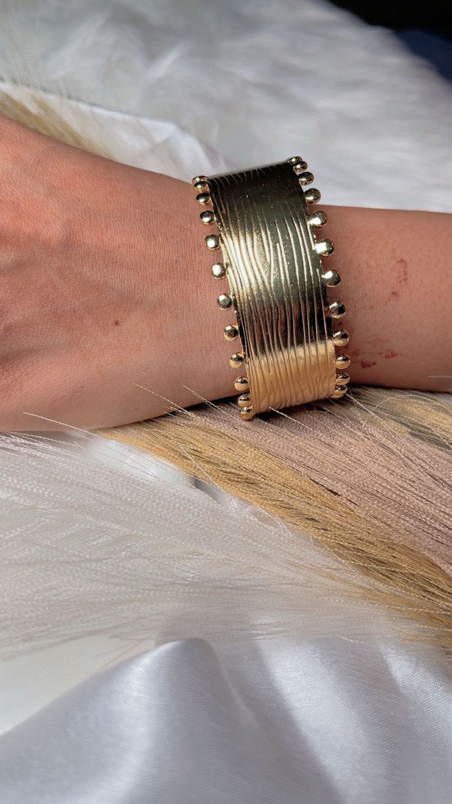 Anti tarnish Ribbed and Beaded Gold Cuff Bracelet