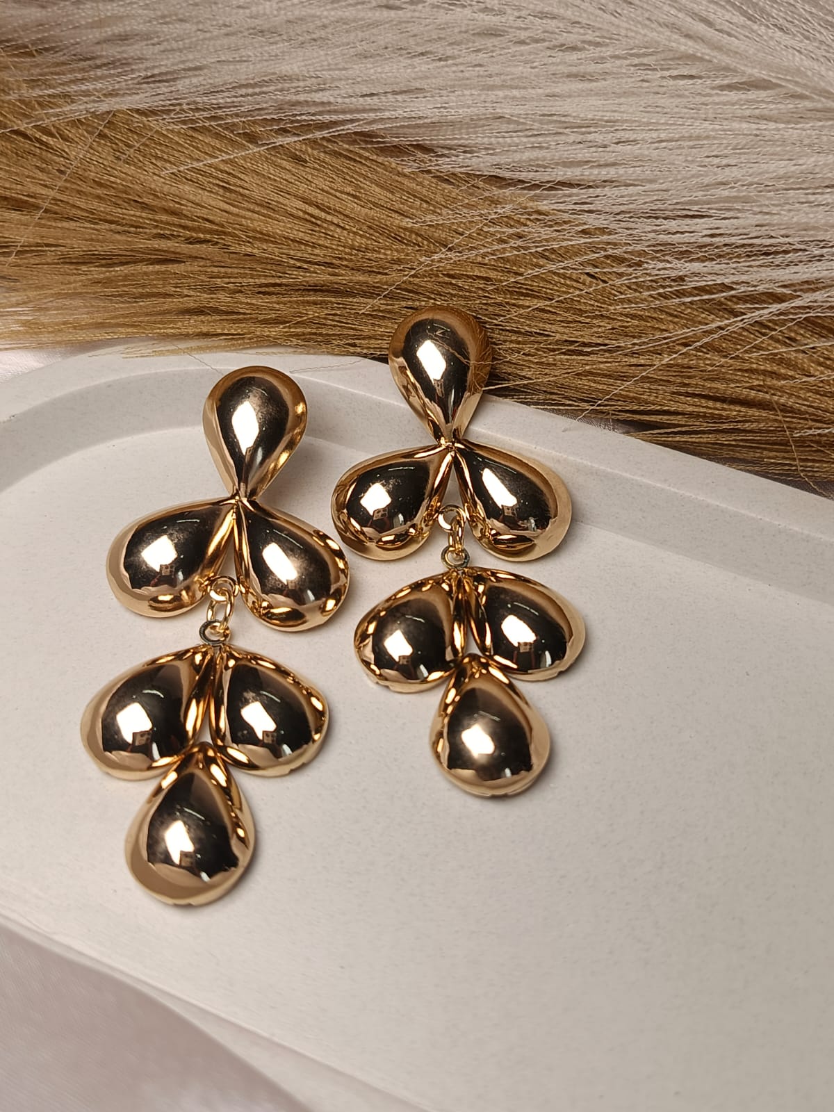 Anti tarnish Sculptural Golden Flower Drop Earrings