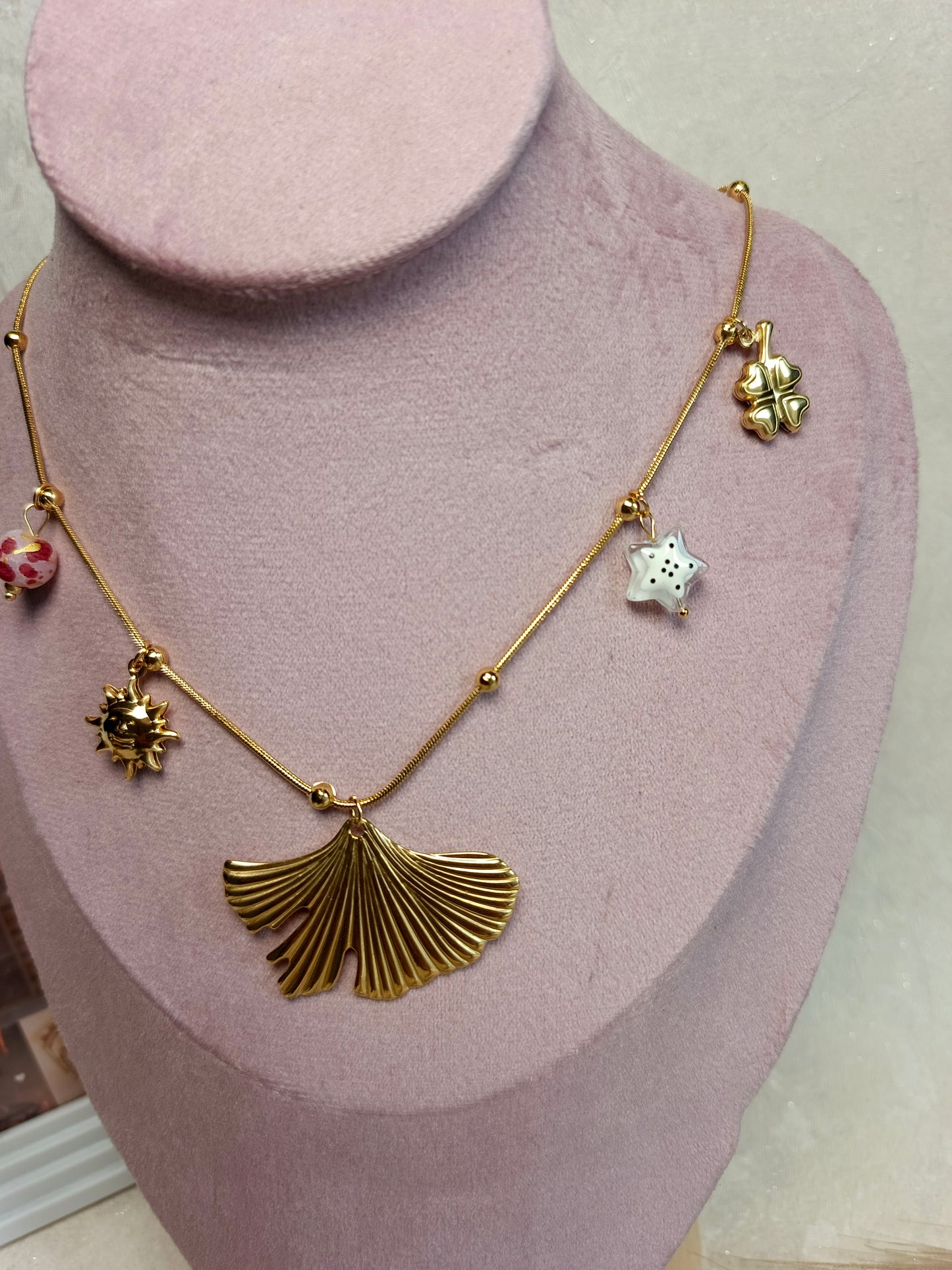 Anti tarnish Golden Ginkgo Leaf Necklace with Dainty Charms