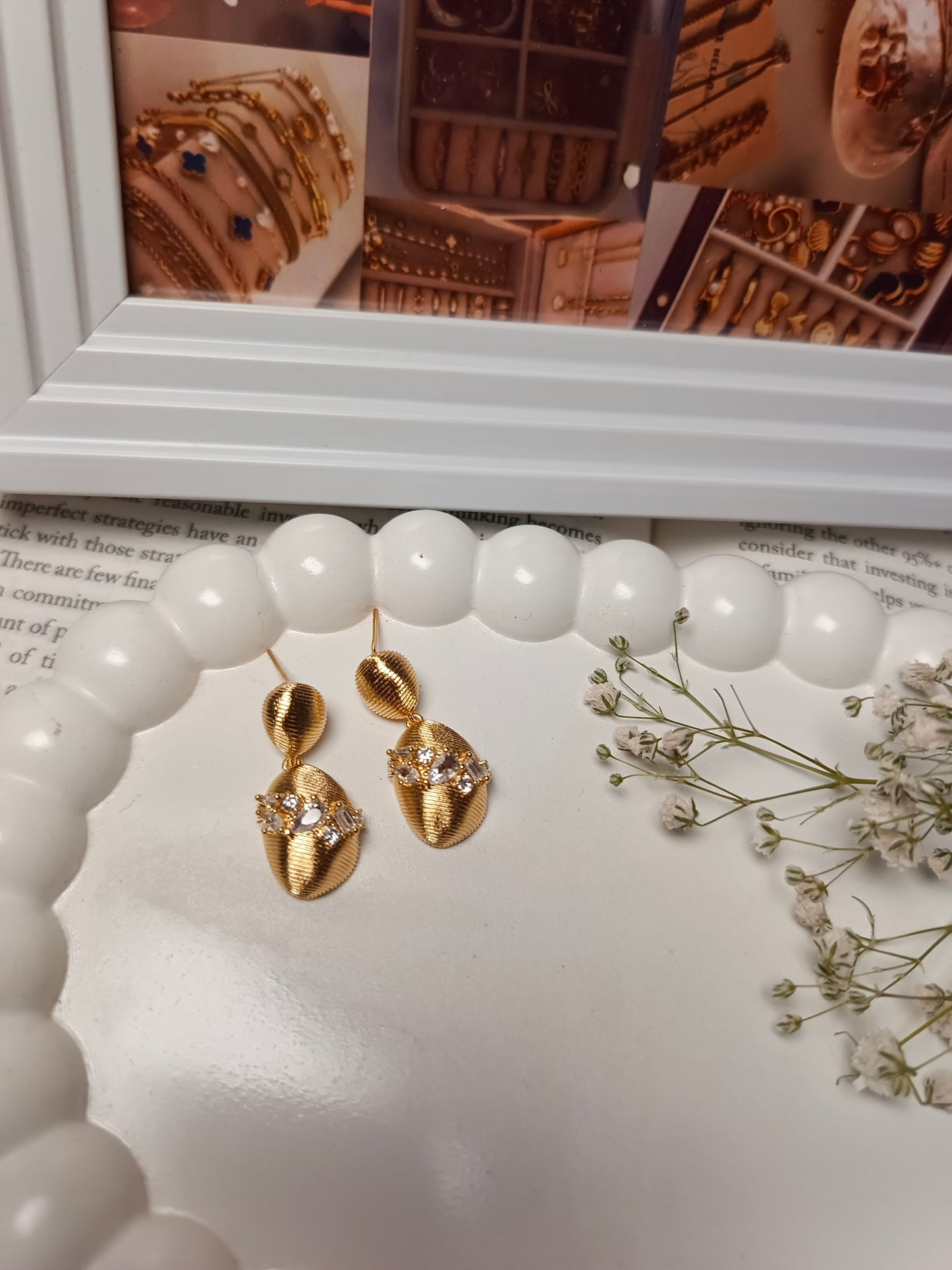 Anti tarnish Elegant Gold Textured anti tarnish Drop Earrings with Crystal Detailing