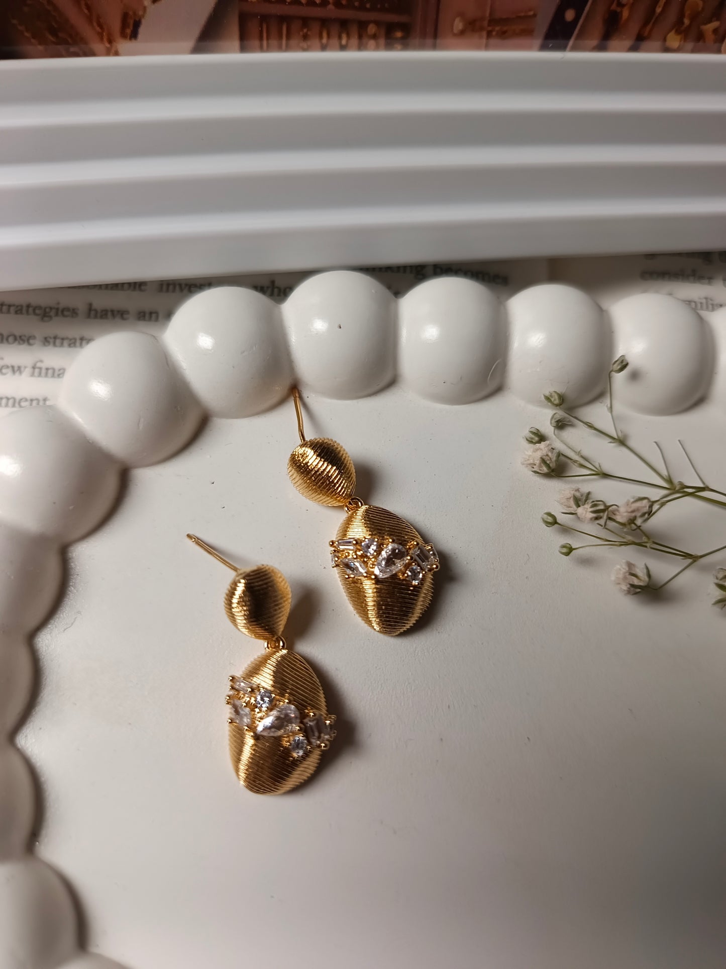 Anti tarnish Elegant Gold Textured anti tarnish Drop Earrings with Crystal Detailing