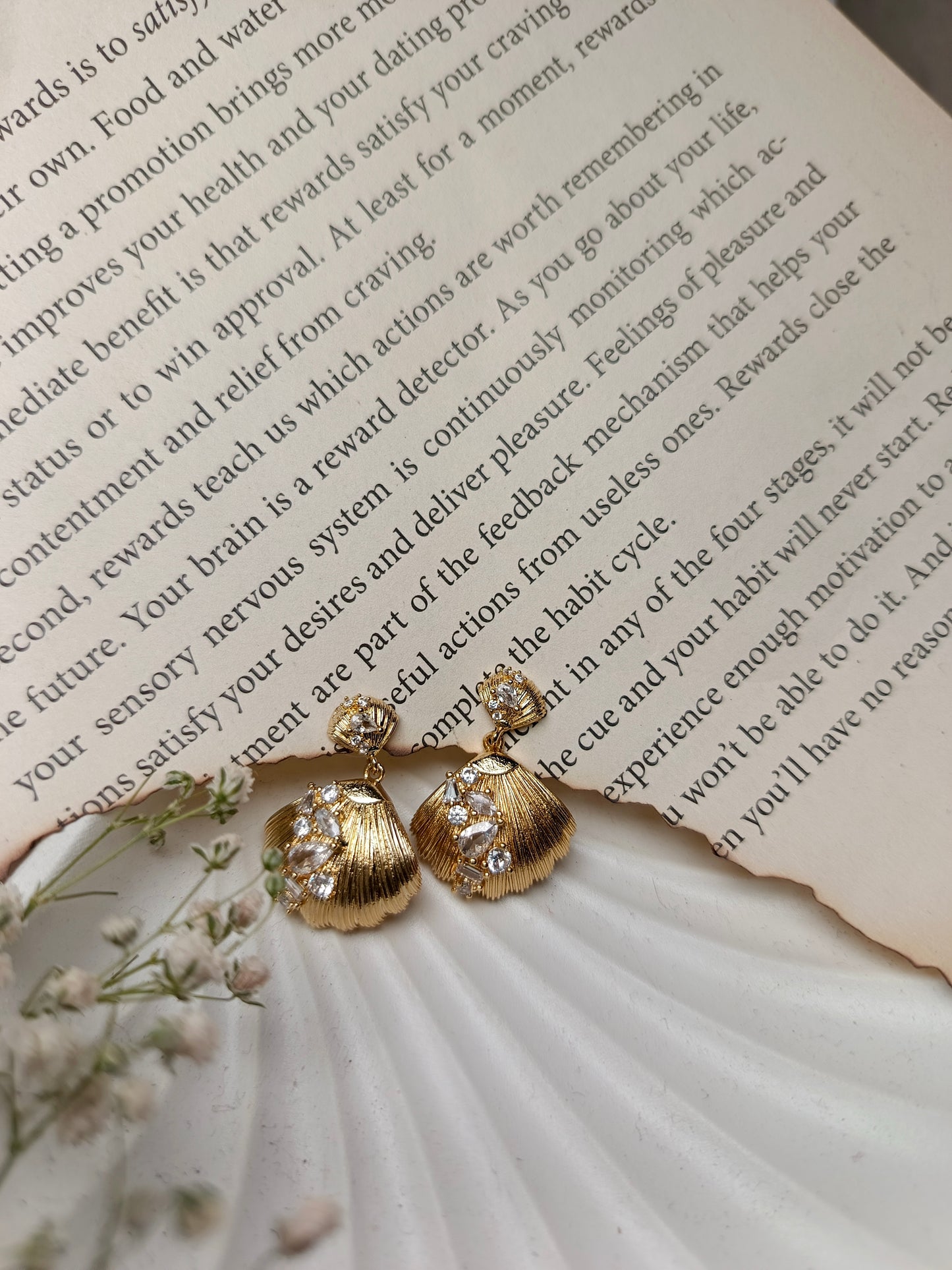 Anti tarnish Gold Shell Drop Earrings with Crystal Embellishments