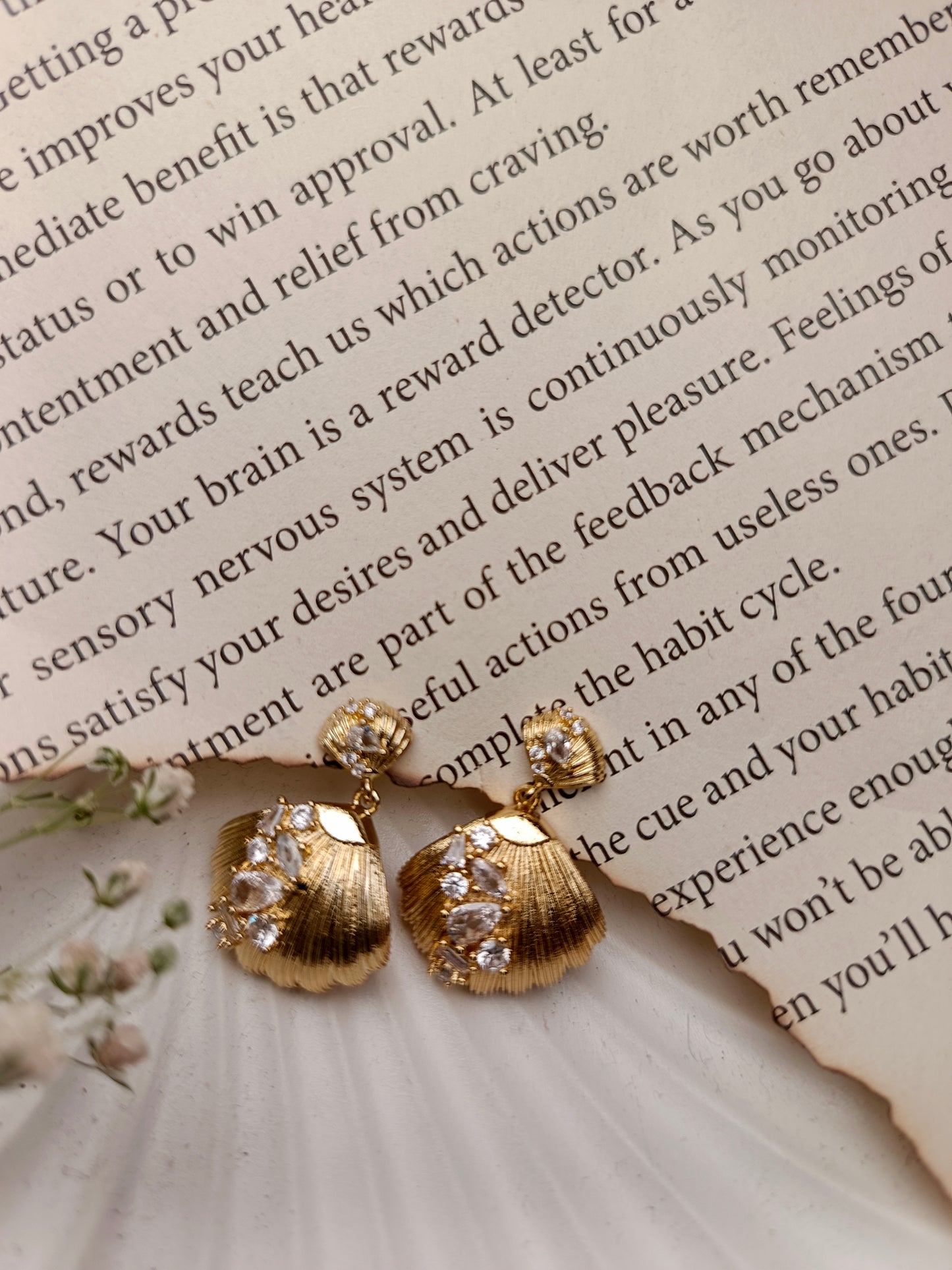 Anti tarnish Gold Shell Drop Earrings with Crystal Embellishments