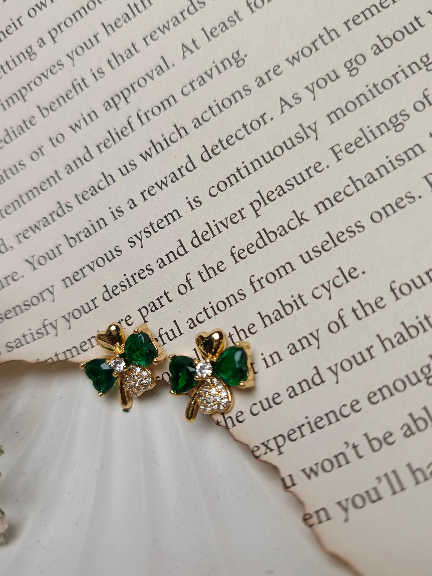 Lucky Four-Leaf Clover Stud Earrings | Gold & Green Crystal