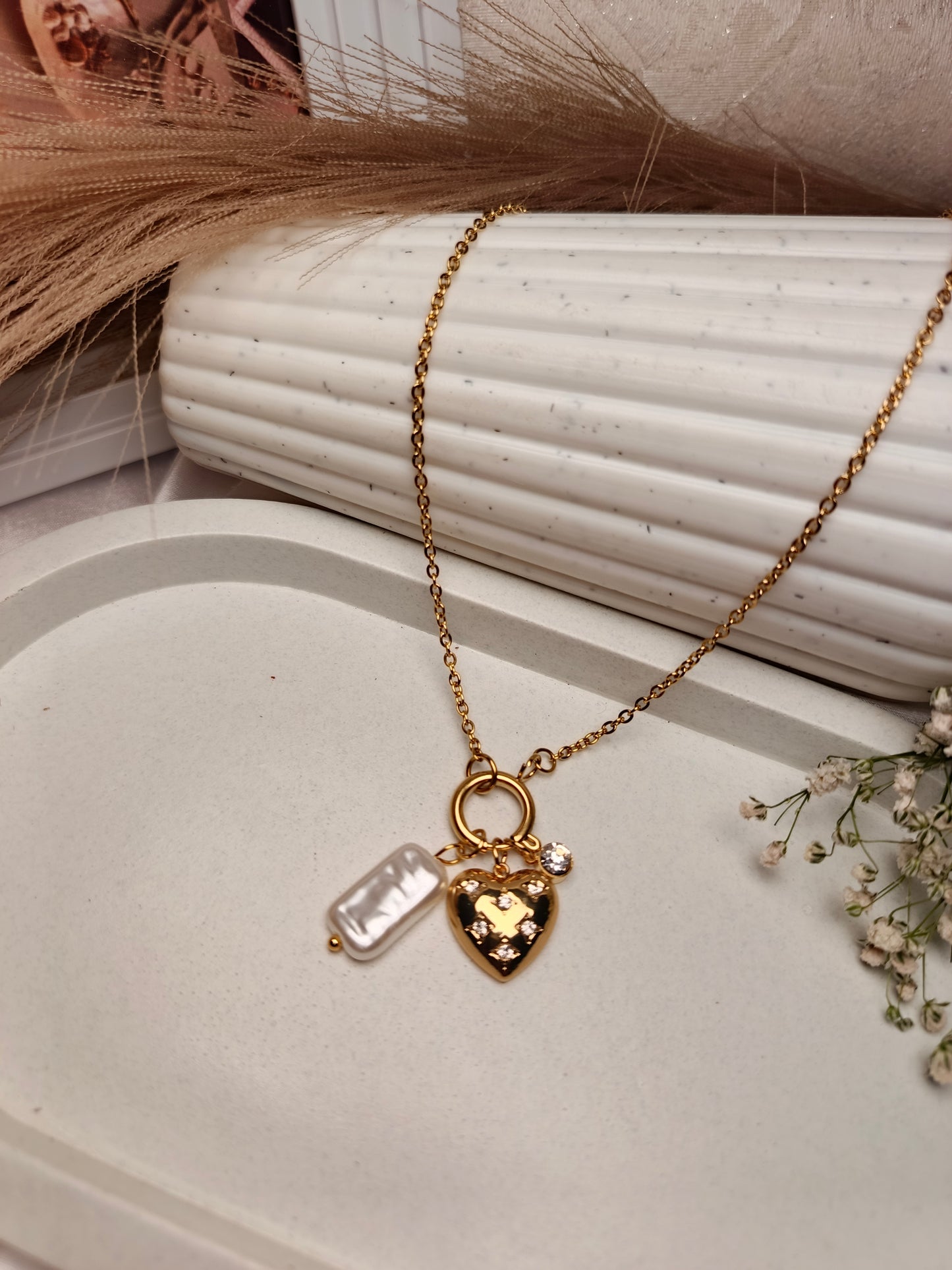 Anti tarnish Modern Love & Pearl Charm Necklace