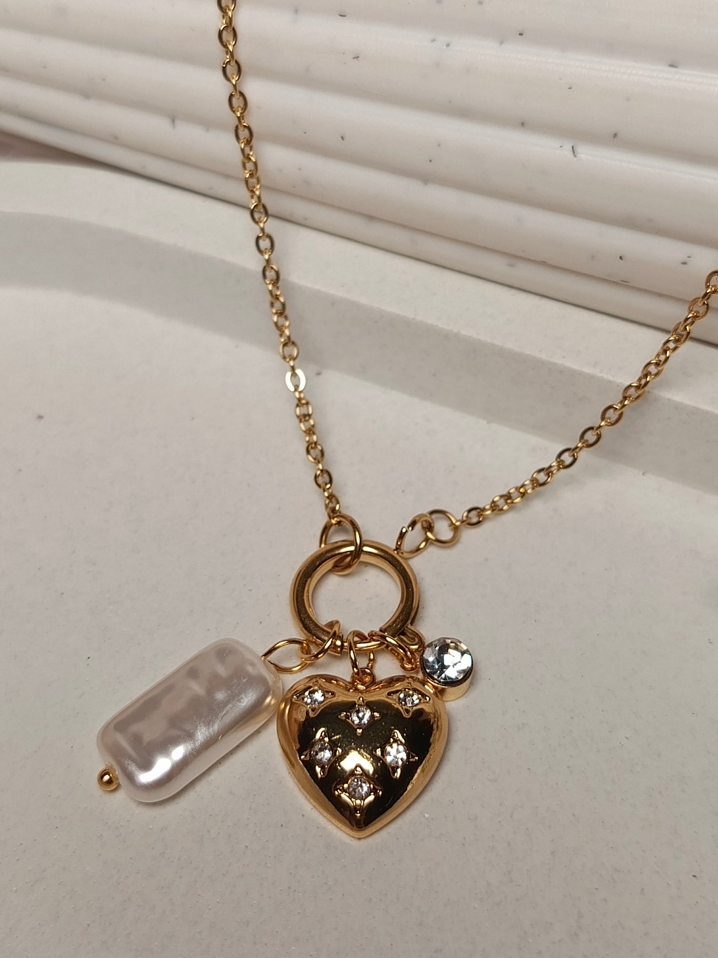 Anti tarnish Modern Love & Pearl Charm Necklace