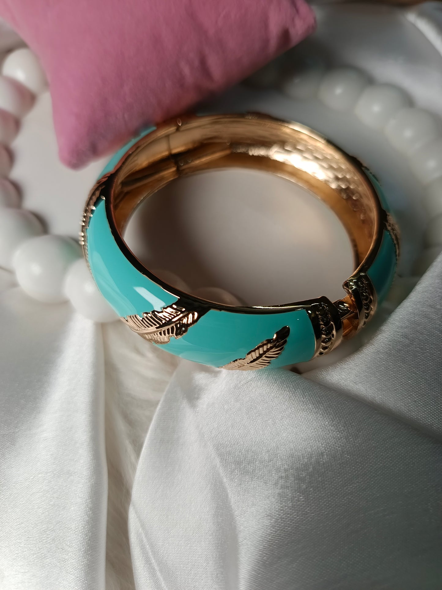 Serene Aqua & Gold Leaf Enamel Bangle