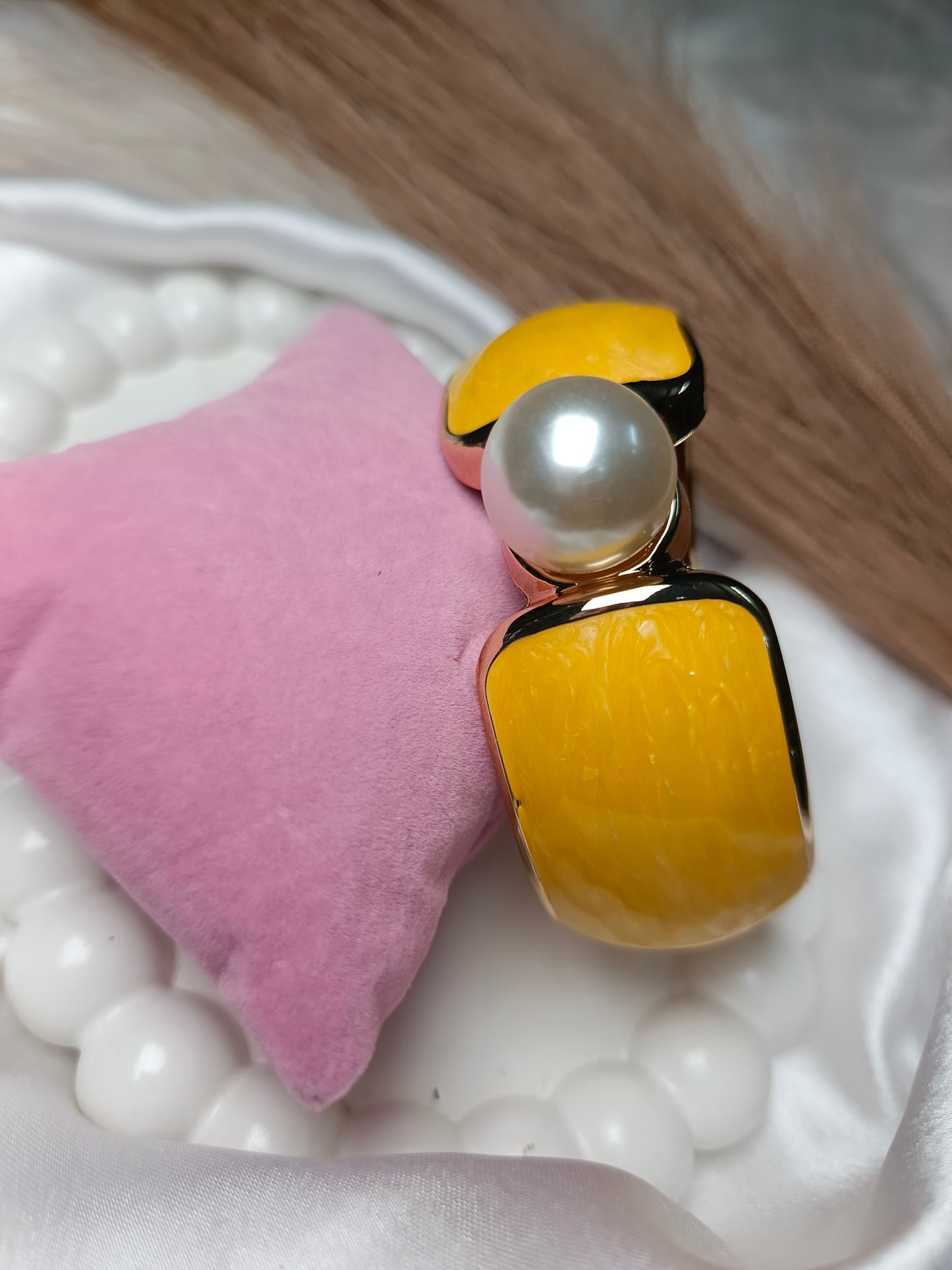 Anti tarnish Bold Yellow Enamel and Faux Pearl Cuff Bracelet
