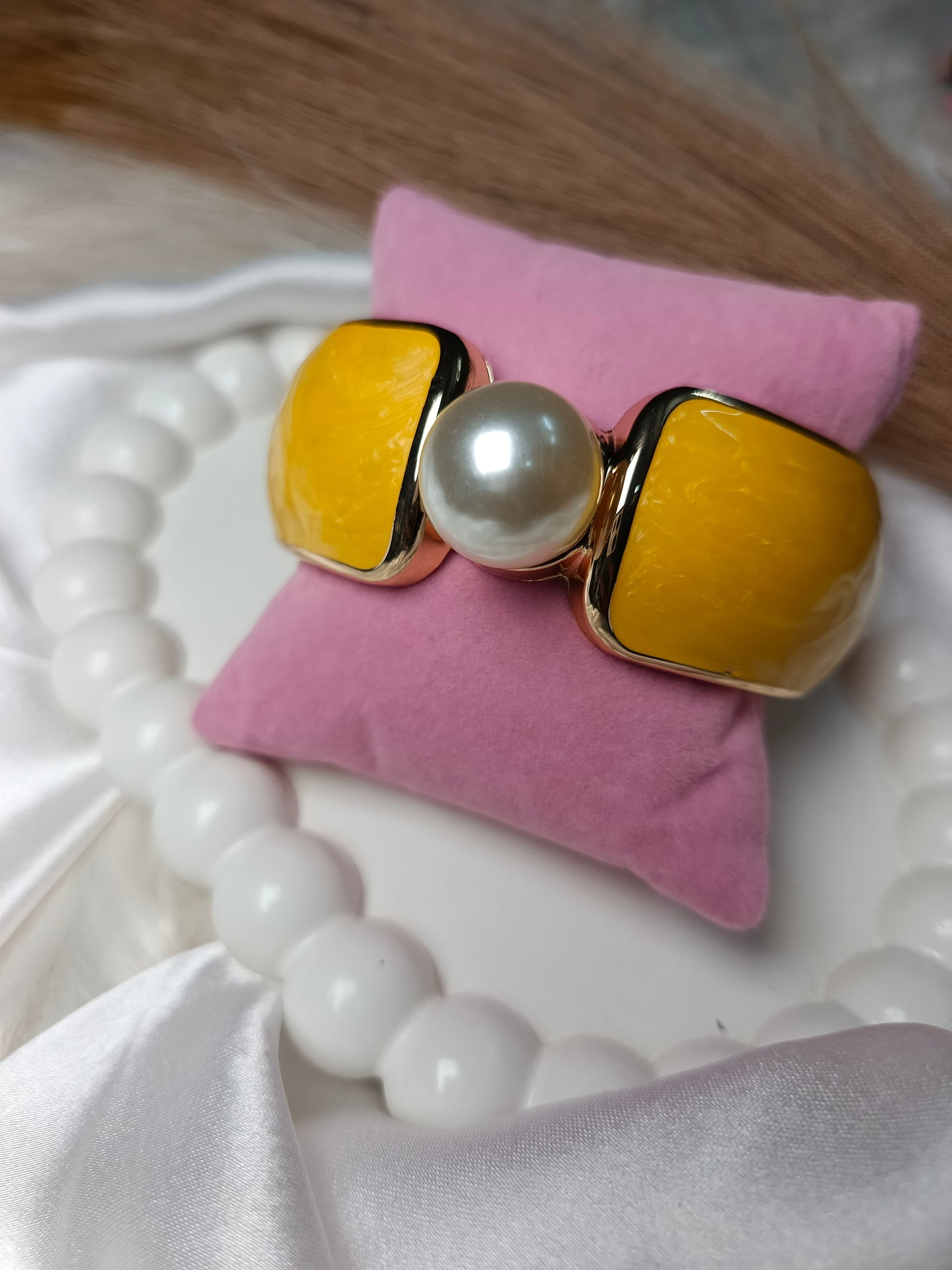 Anti tarnish Bold Yellow Enamel and Faux Pearl Cuff Bracelet