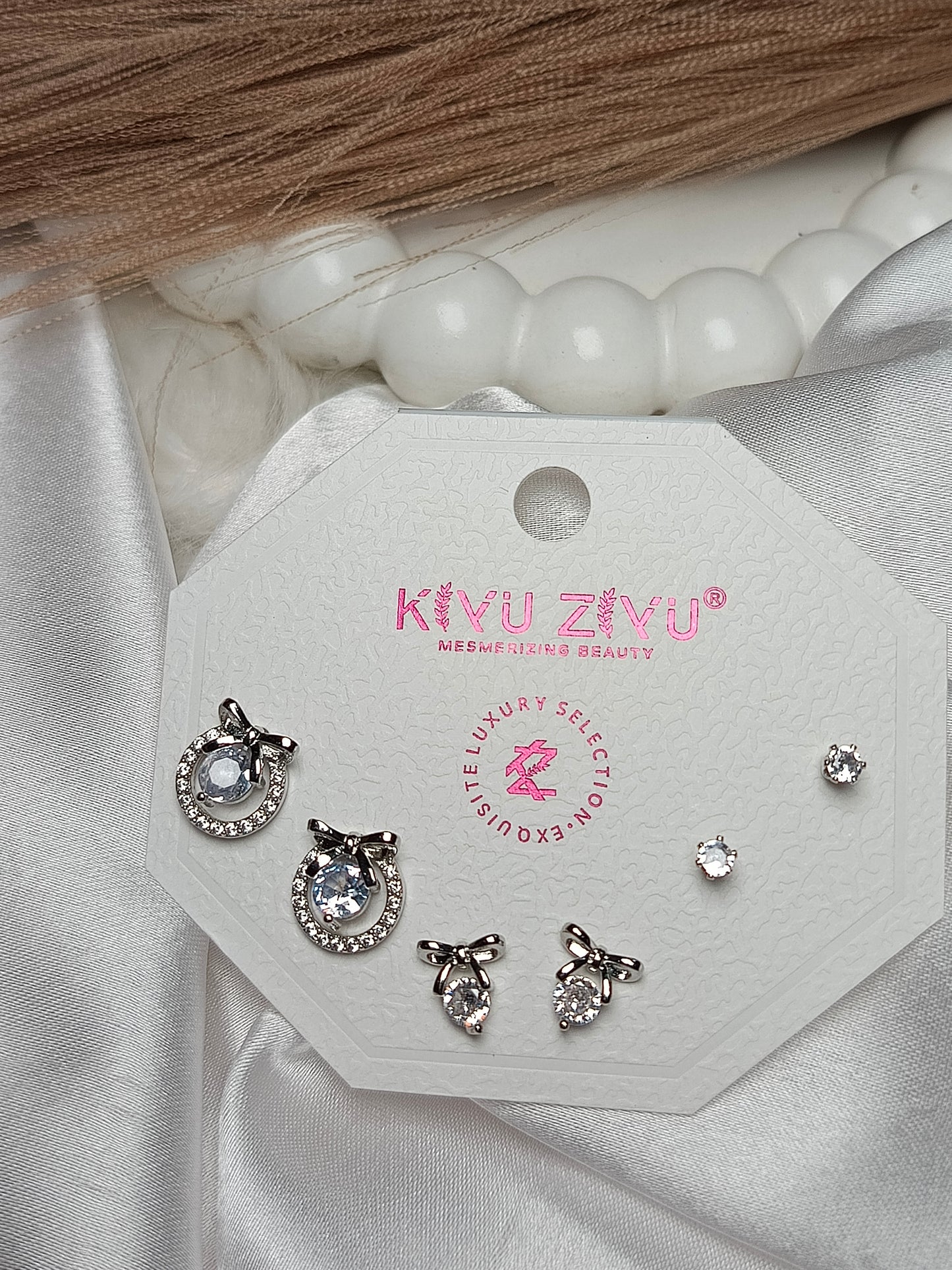 Silver-Tone Bow Stud Earring Set with Halo