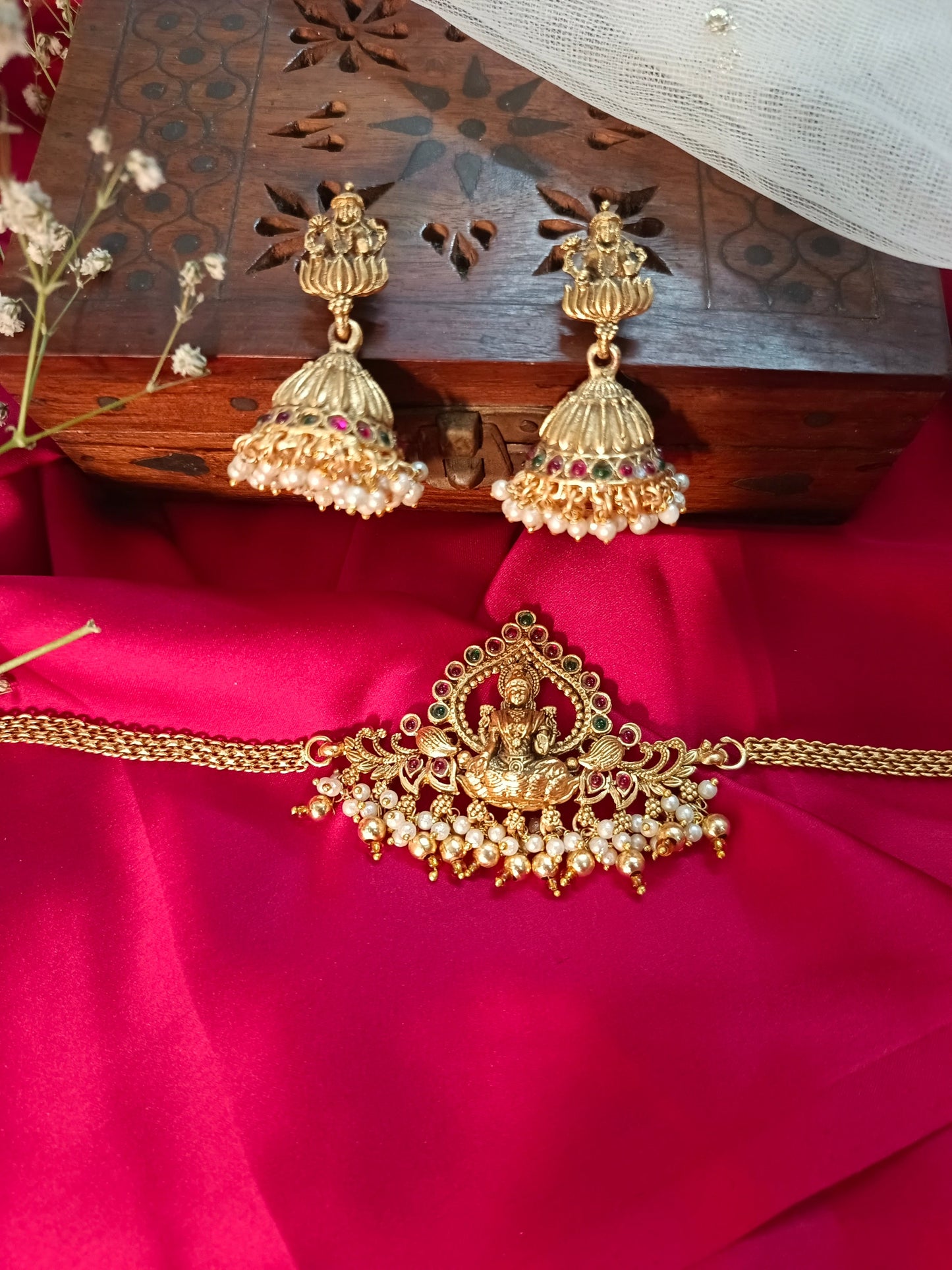 Traditional Lakshmi Kasu Gold Plated Jewellery Set - Jhumkas & Necklace