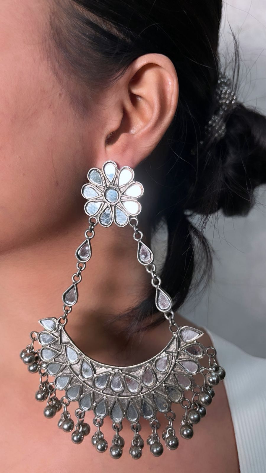 Stunning Oxidized Silver Mirror Work Jhumka Earrings