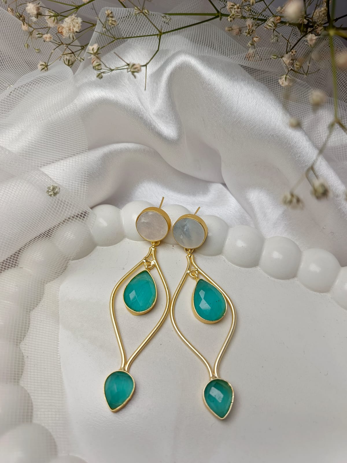 Elegant Gold & Aqua Gemstone Dangle brass Earrings with monalisa stone