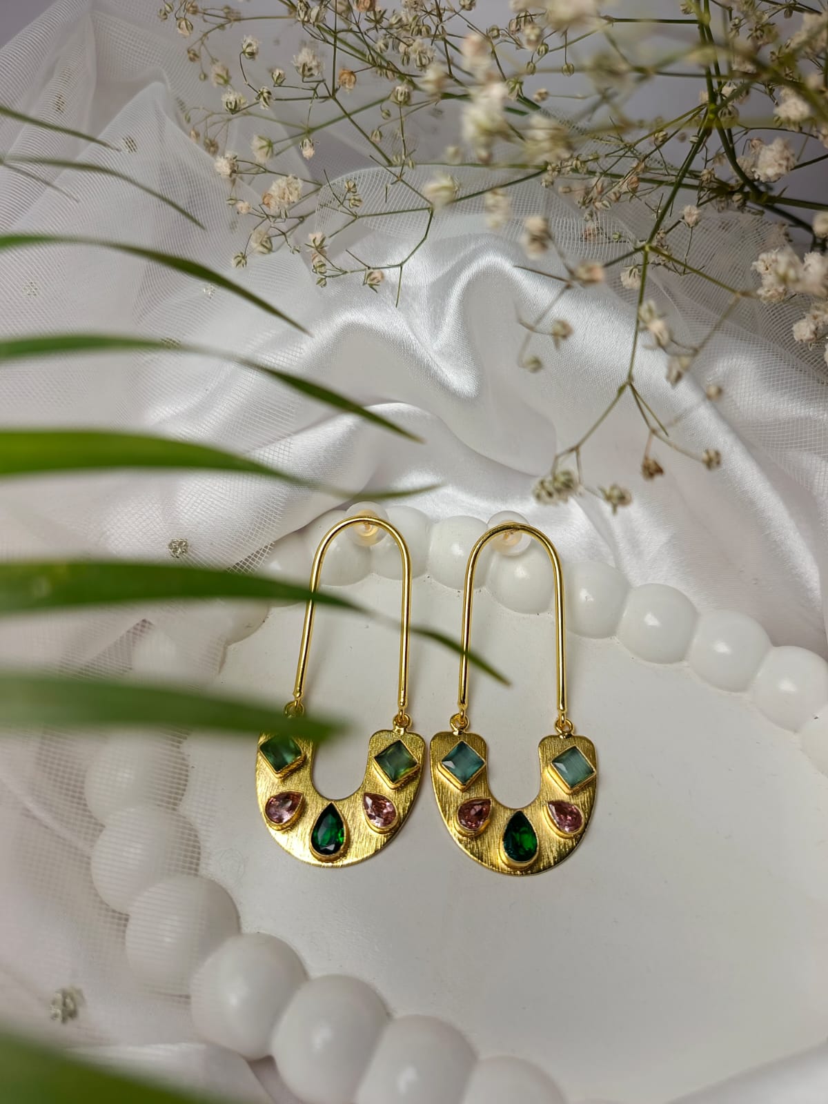Bohemian Chic Gold Drop brass Earrings with Multi-Colored Gemstones
