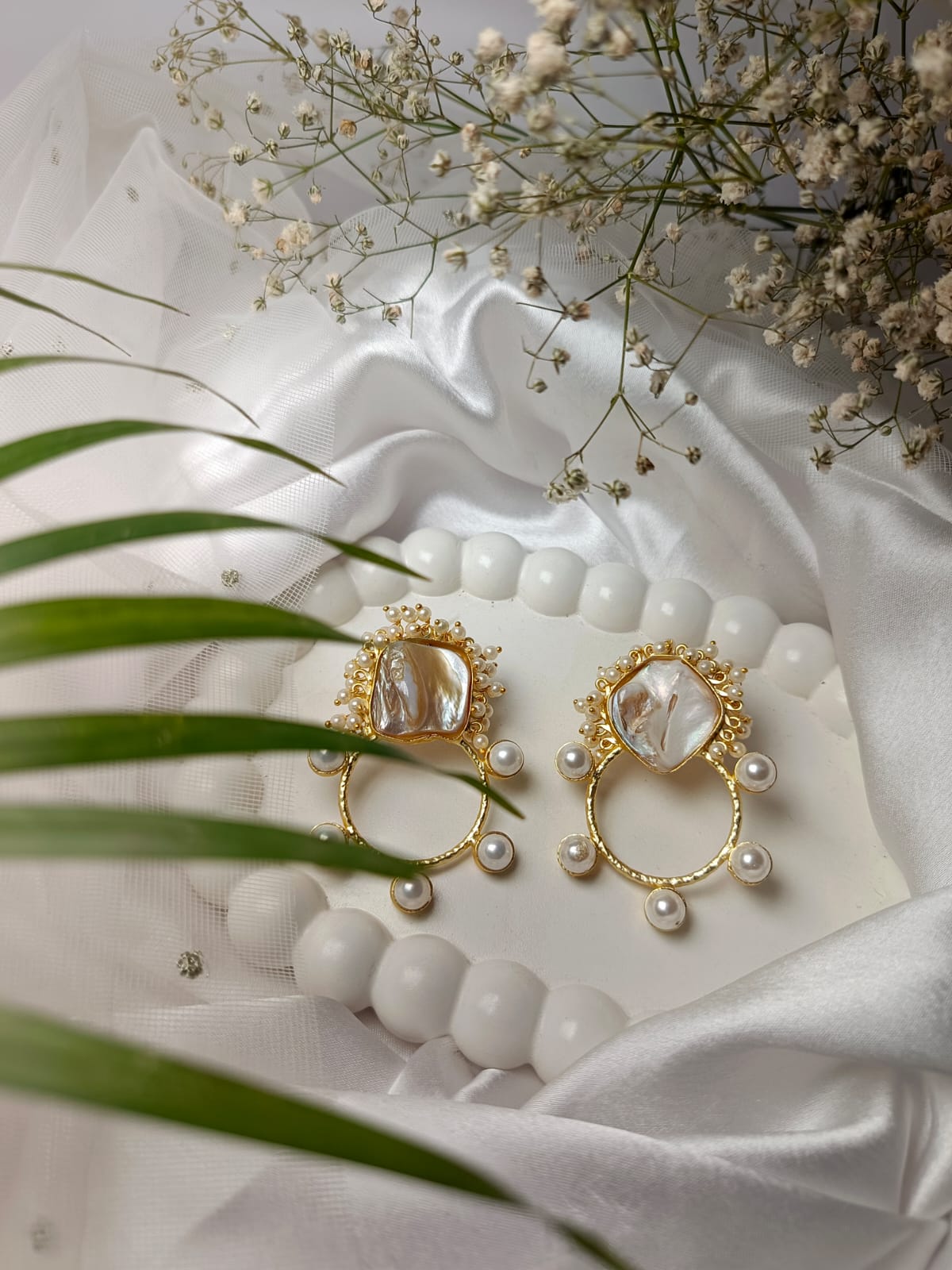 Elegant Mother of Pearl and Pearl Drop brass Earrings