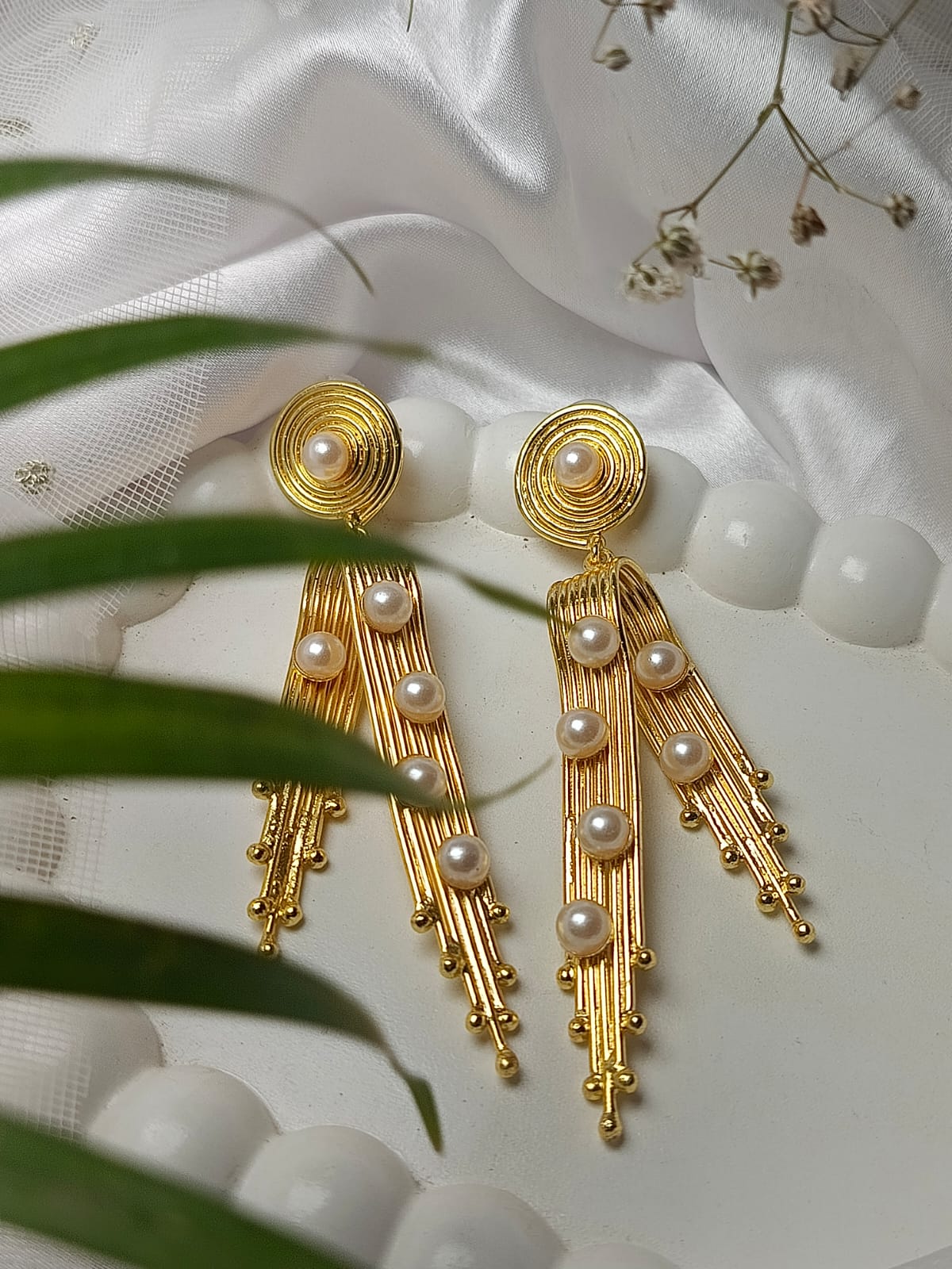 Statement Gold Ray Drop brass Earrings with Pearls