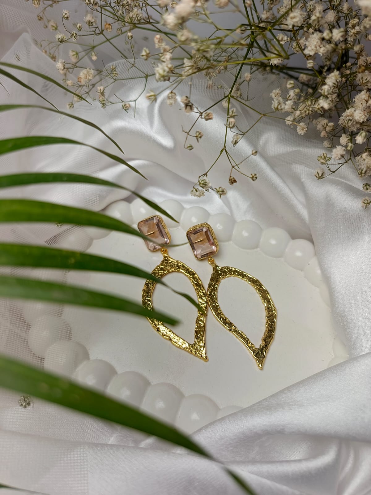 Textured Gold Leaf brass Earrings with Gemstone Studs
