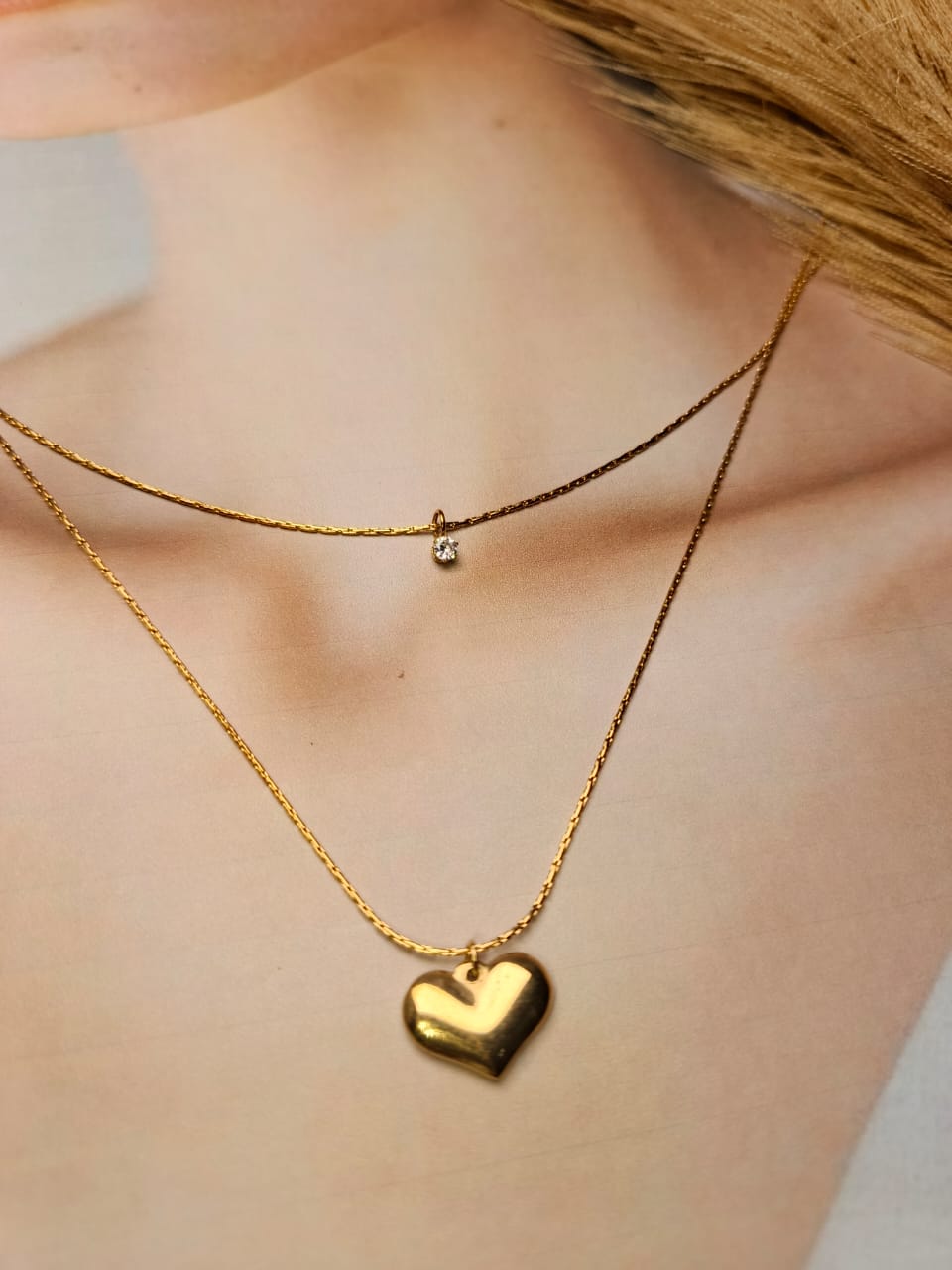 Anti-Tarnish Gold-Plated Layered Heart & Solitaire Necklace