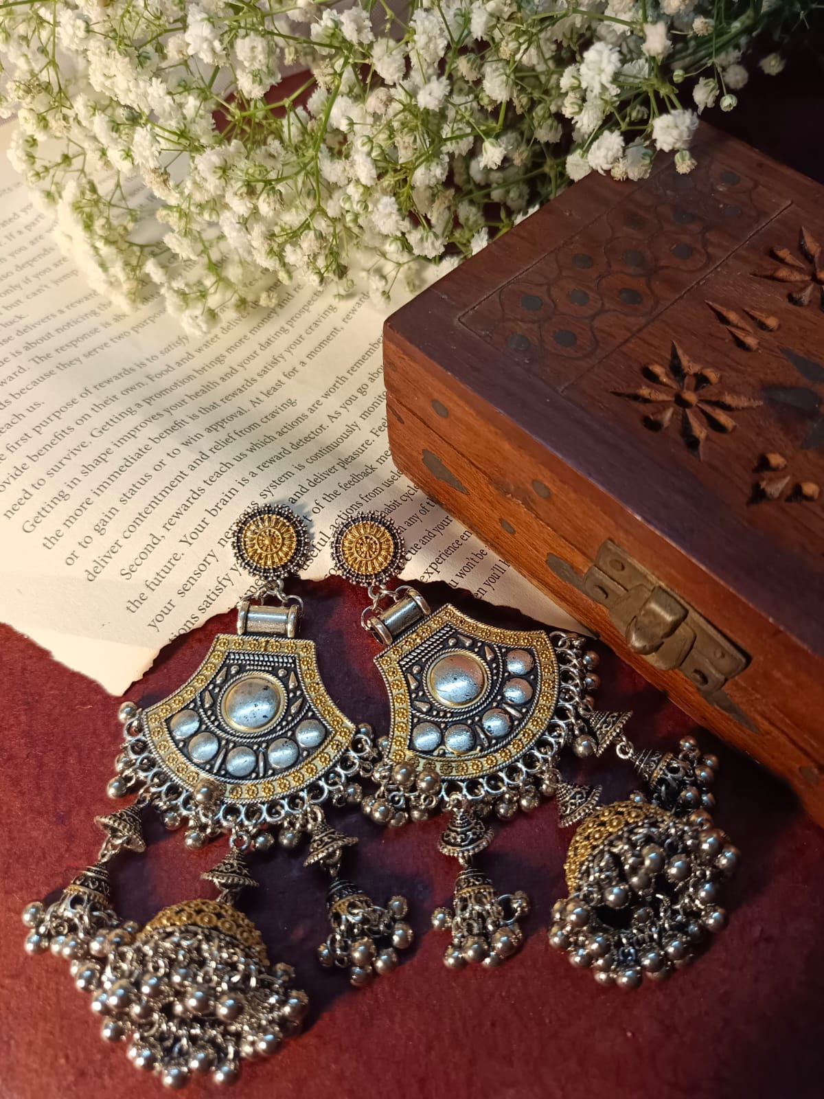 Dual-Tone Oxidised Jhumka Earrings with Gold and Silver Finish - Ethnic Indian Jewelry