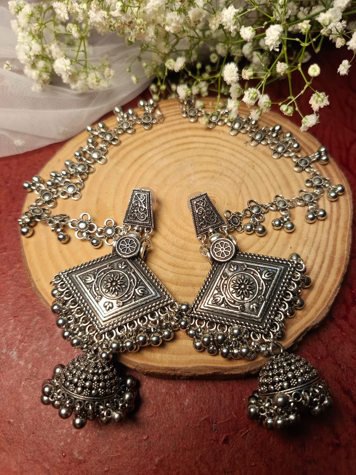 Oxidised Silver Jhumka Earrings with Chaandbali and Ghoonghru - Ethnic Indian Jewelry