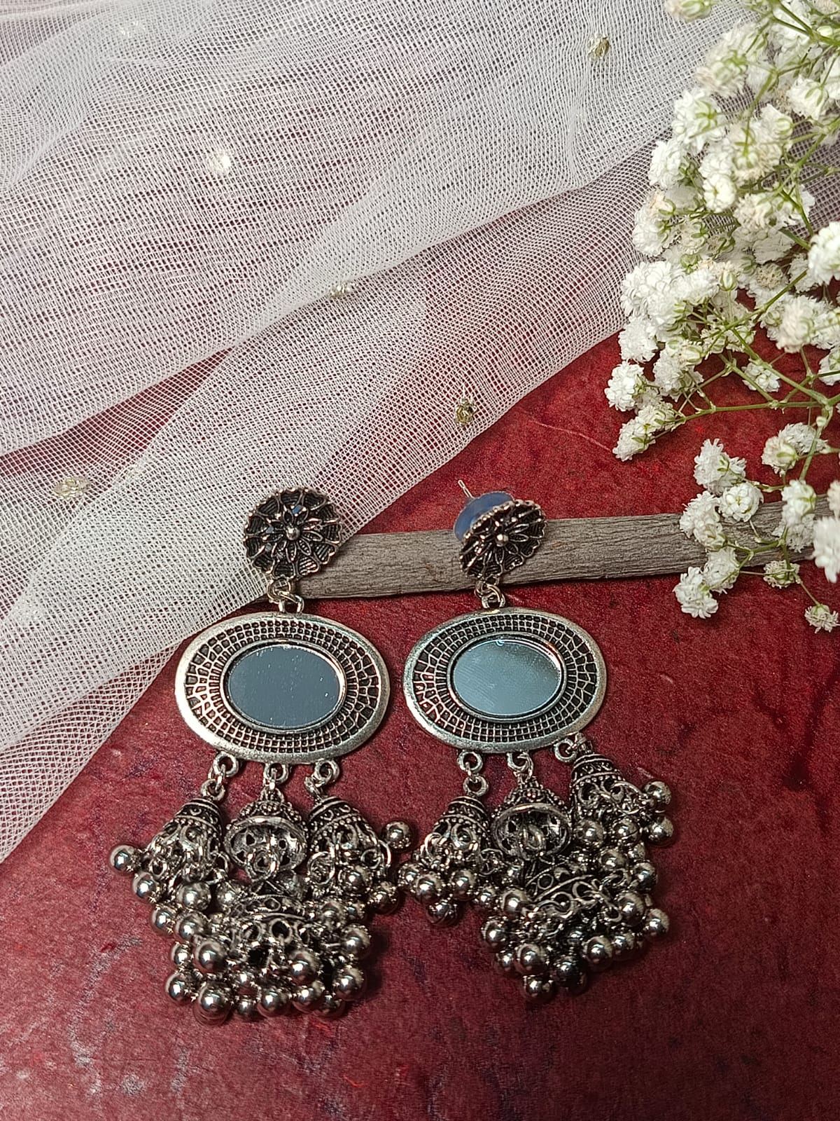 Oxidised Silver Mirror Jhumka Earrings with Ghoonghru and Floral Stud - Ethnic Indian Jewelry