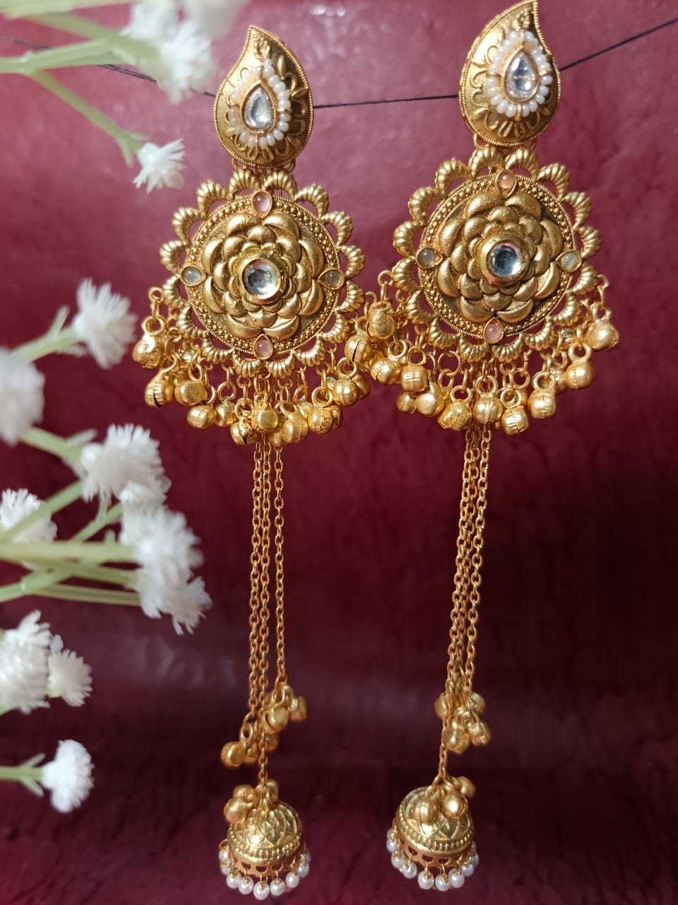 Traditional Indian Brass Earrings with Long Chains