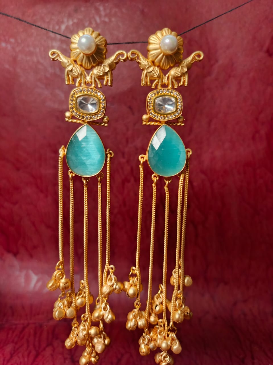 Handcrafted Elephant and Aqua Stone Brass Earrings