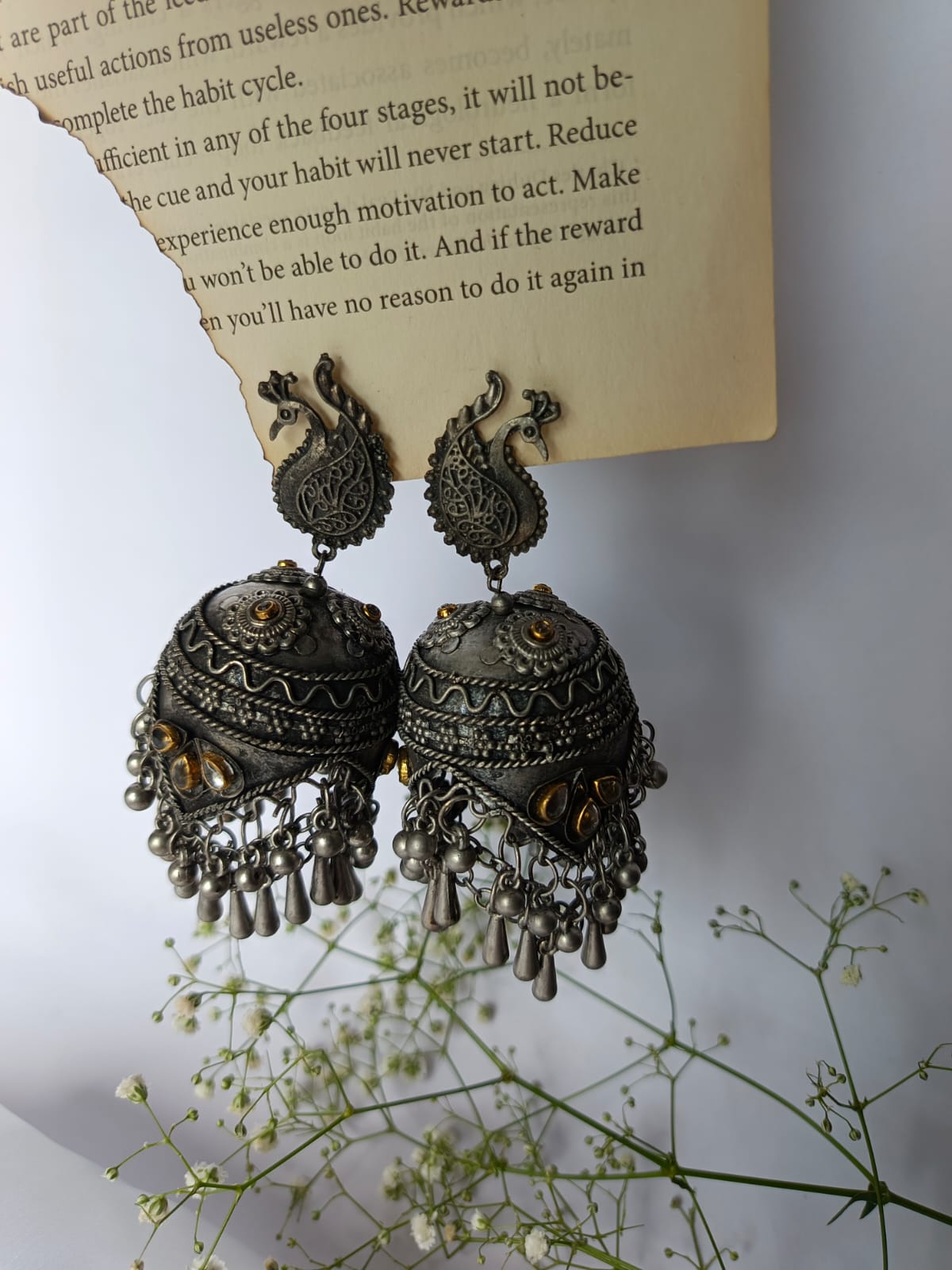 Handcrafted Oxidized Peacock Jhumka Earrings