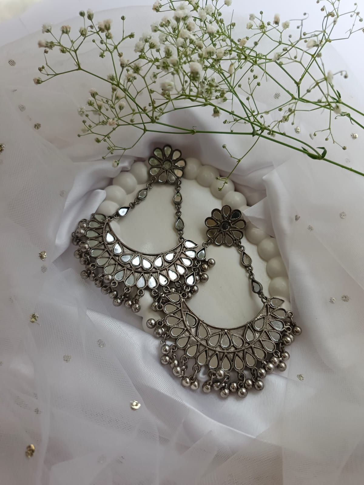 Stunning Oxidized Silver Mirror Work Jhumka Earrings
