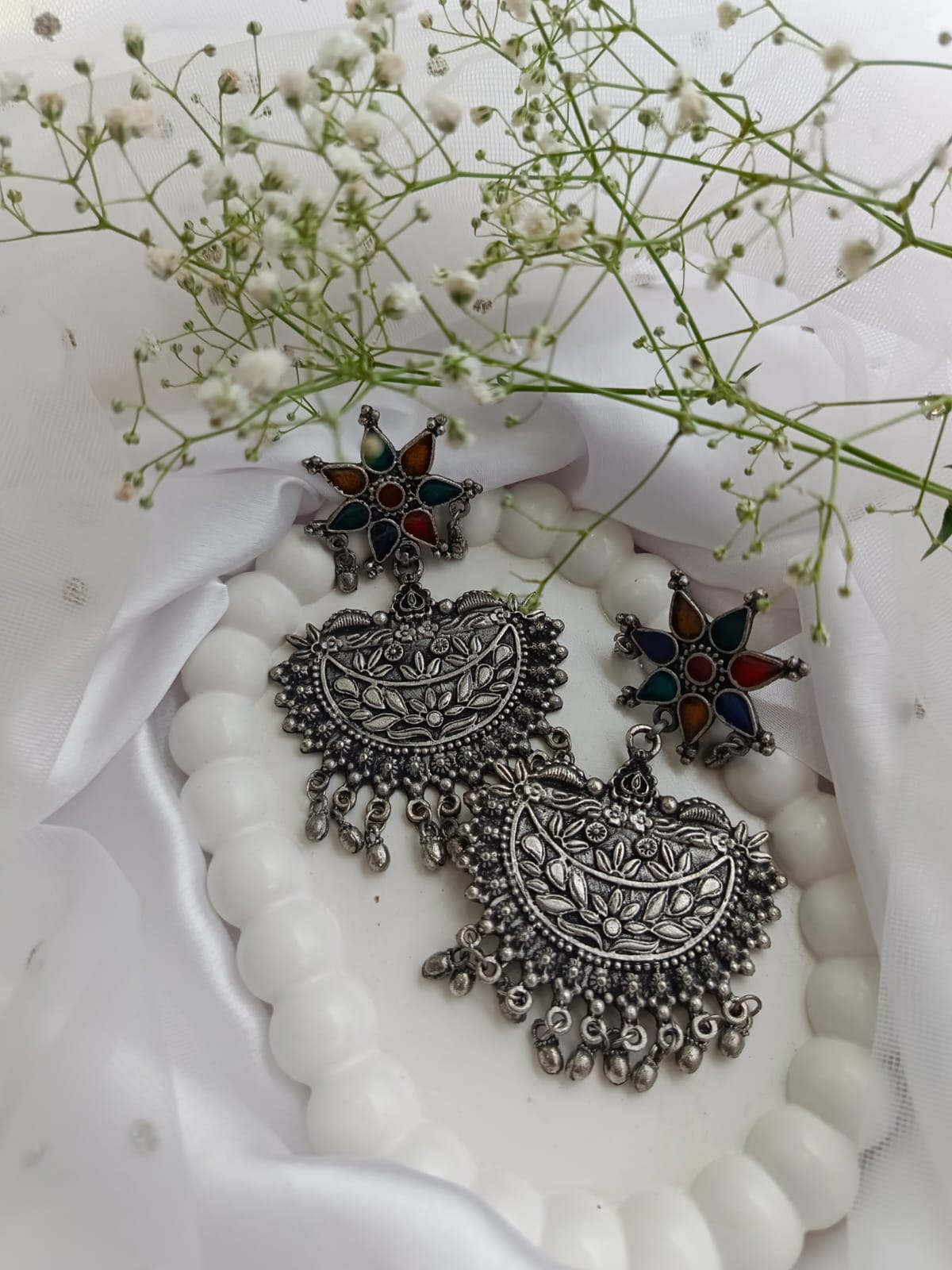 Bohemian Oxidized Silver Jhumka Earrings with Colorful Glass