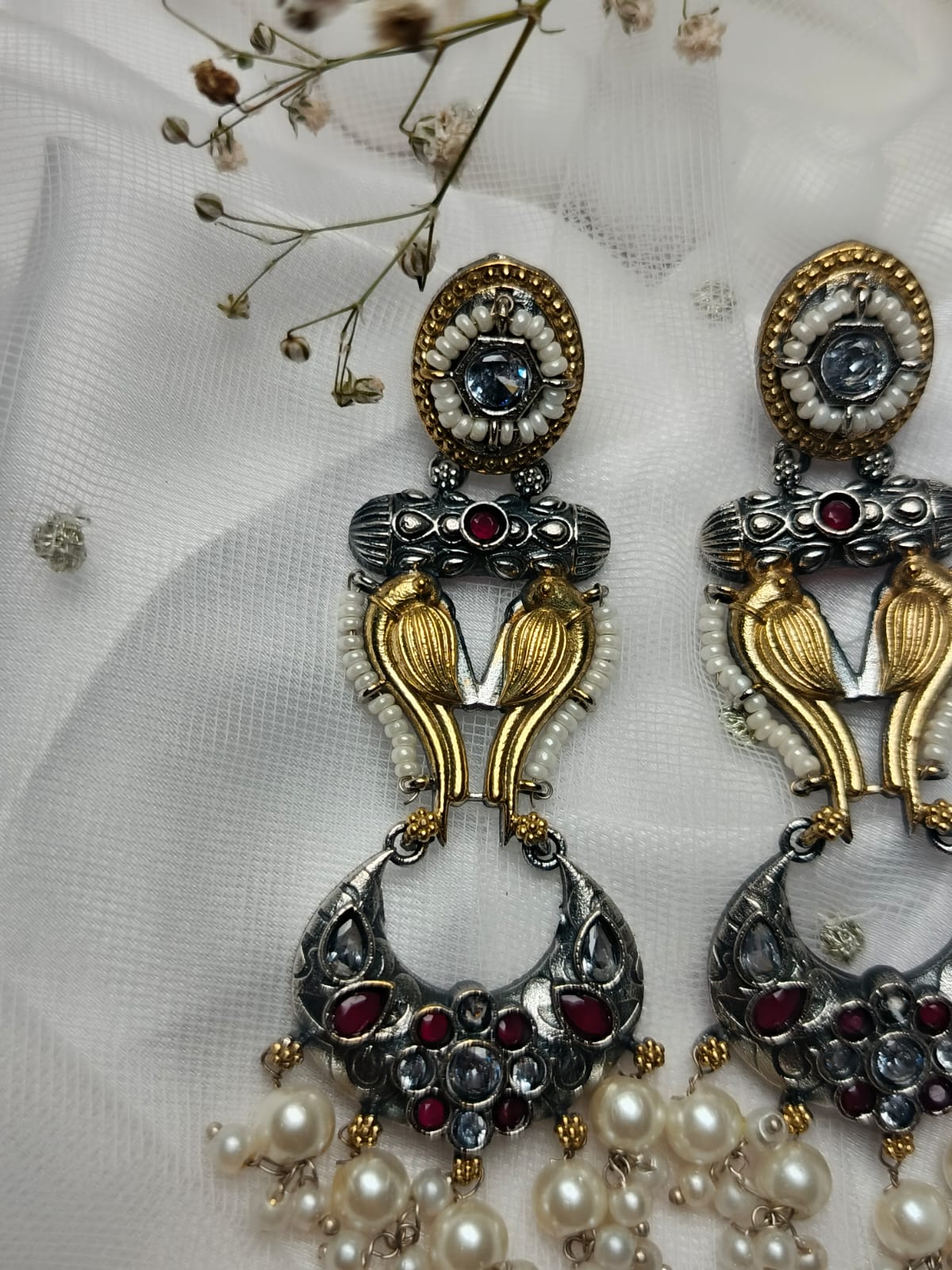Regal Oxidized Silver and Gold Bird Motif brass Earrings with Pearls