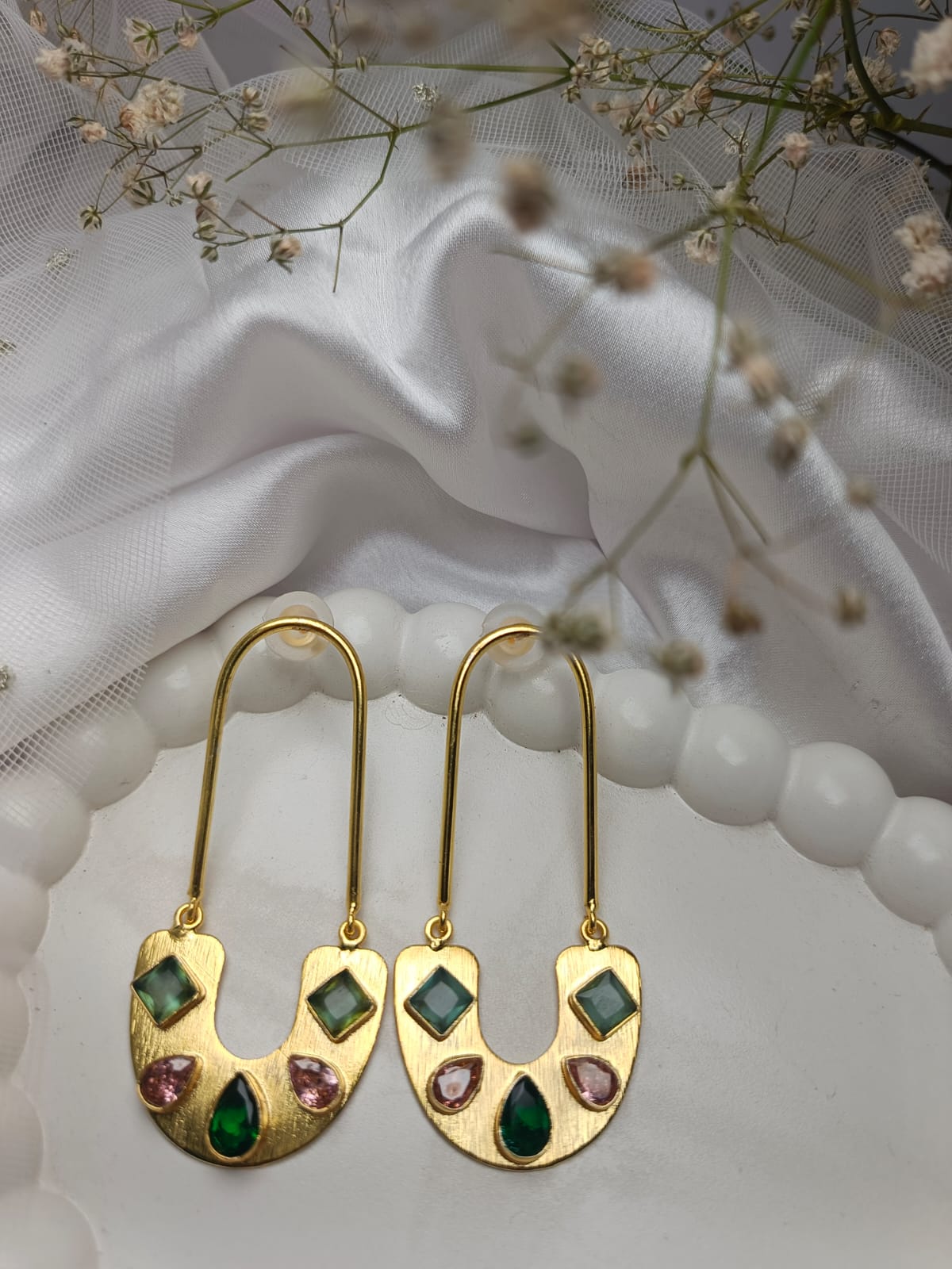 Bohemian Chic Gold Drop brass Earrings with Multi-Colored Gemstones