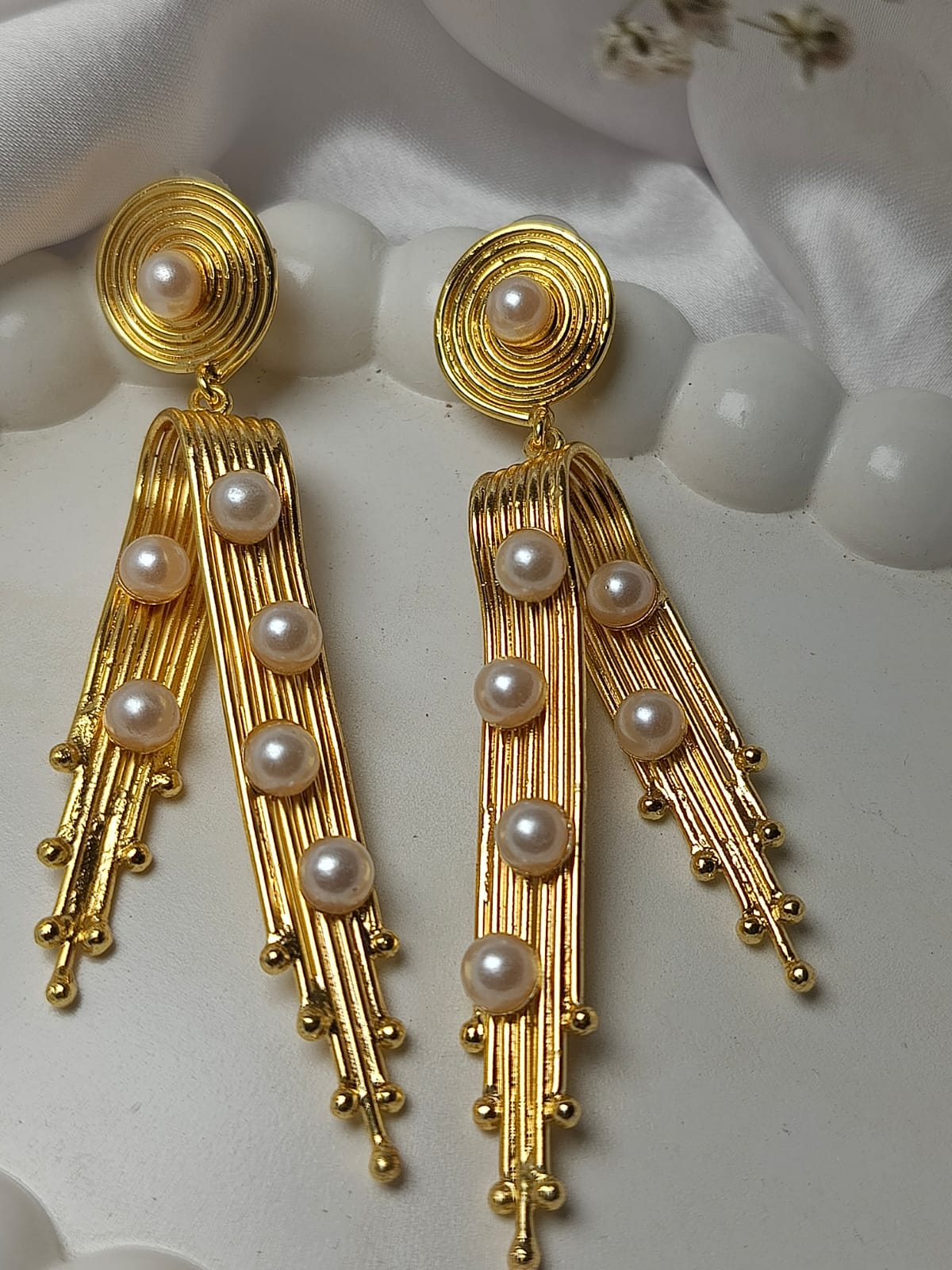 Statement Gold Ray Drop brass Earrings with Pearls