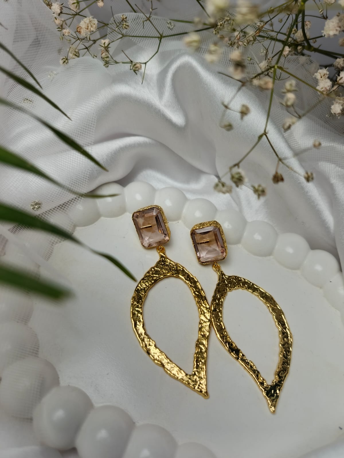 Textured Gold Leaf brass Earrings with Gemstone Studs