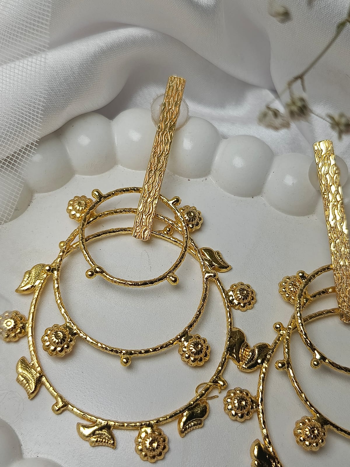 Elegant Gold Plated brass Earrings with Floral and Leaf Details