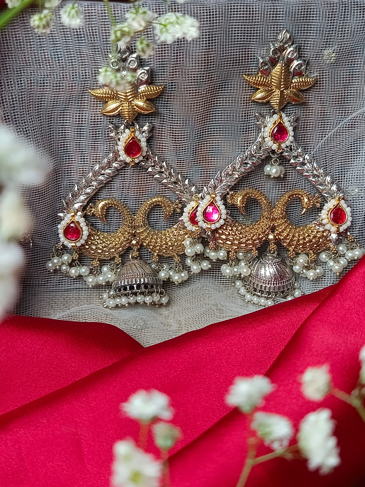 Dual-Tone Peacock brass Earrings with Pearls and Pink Stones - Ethnic Indian Jewelry