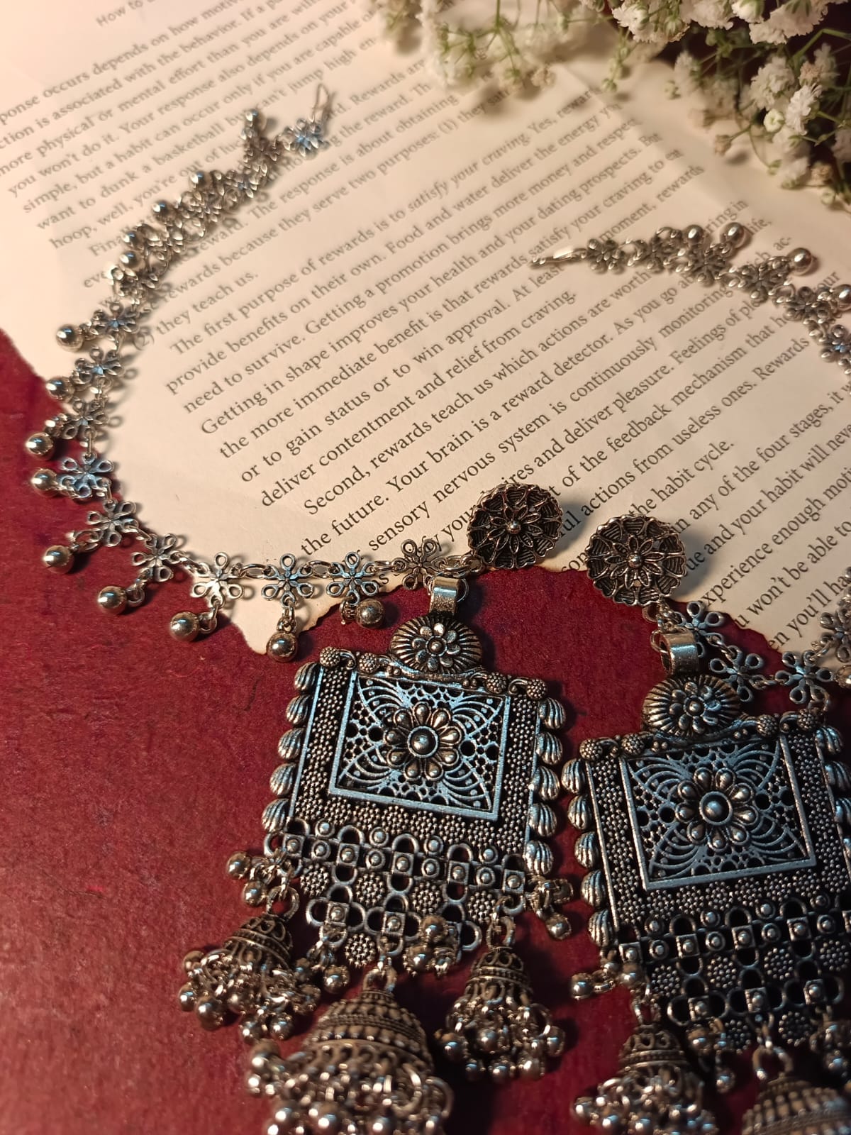 Oxidised Silver Jhumka Earrings with Matching Hair Chain - Ethnic Indian Jewelry Set