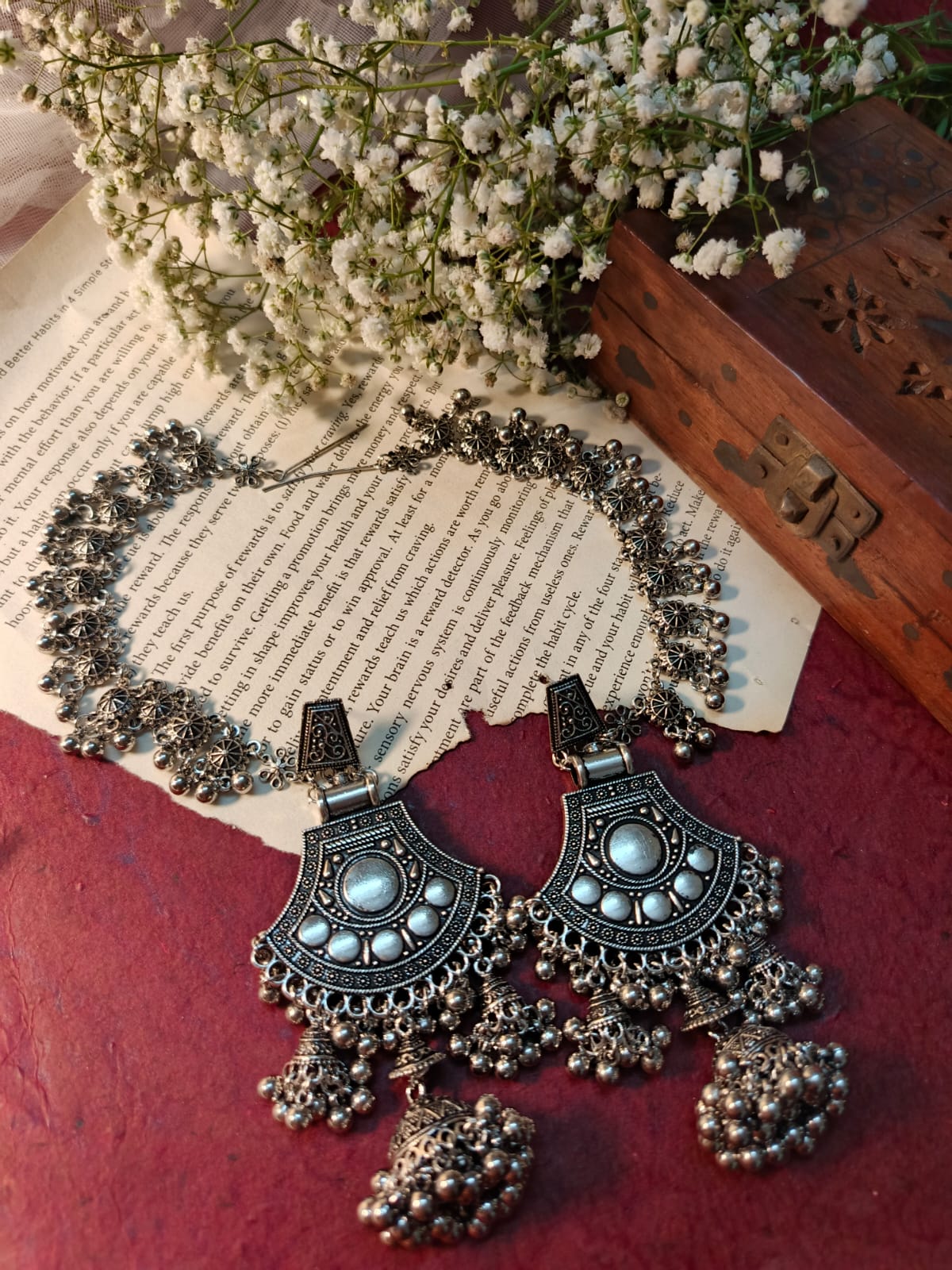 Oxidised Silver Jhumka Earrings with Hair Chain and Intricate Detailing - Ethnic Indian Jewelry Set