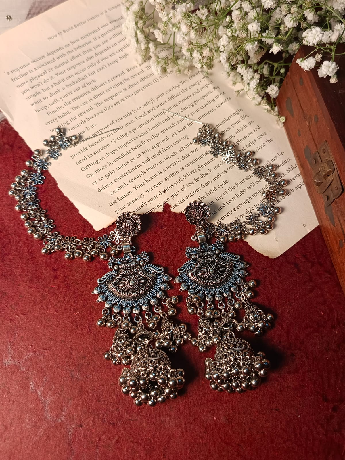 Oxidised Silver Jhumka Earrings with Blue Enamel & Ghoonghru Chain - Ethnic Indian Jewelry Set