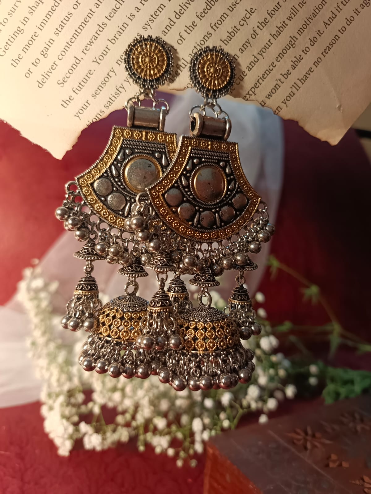 Dual-Tone Oxidised Jhumka Earrings with Gold and Silver Finish - Ethnic Indian Jewelry