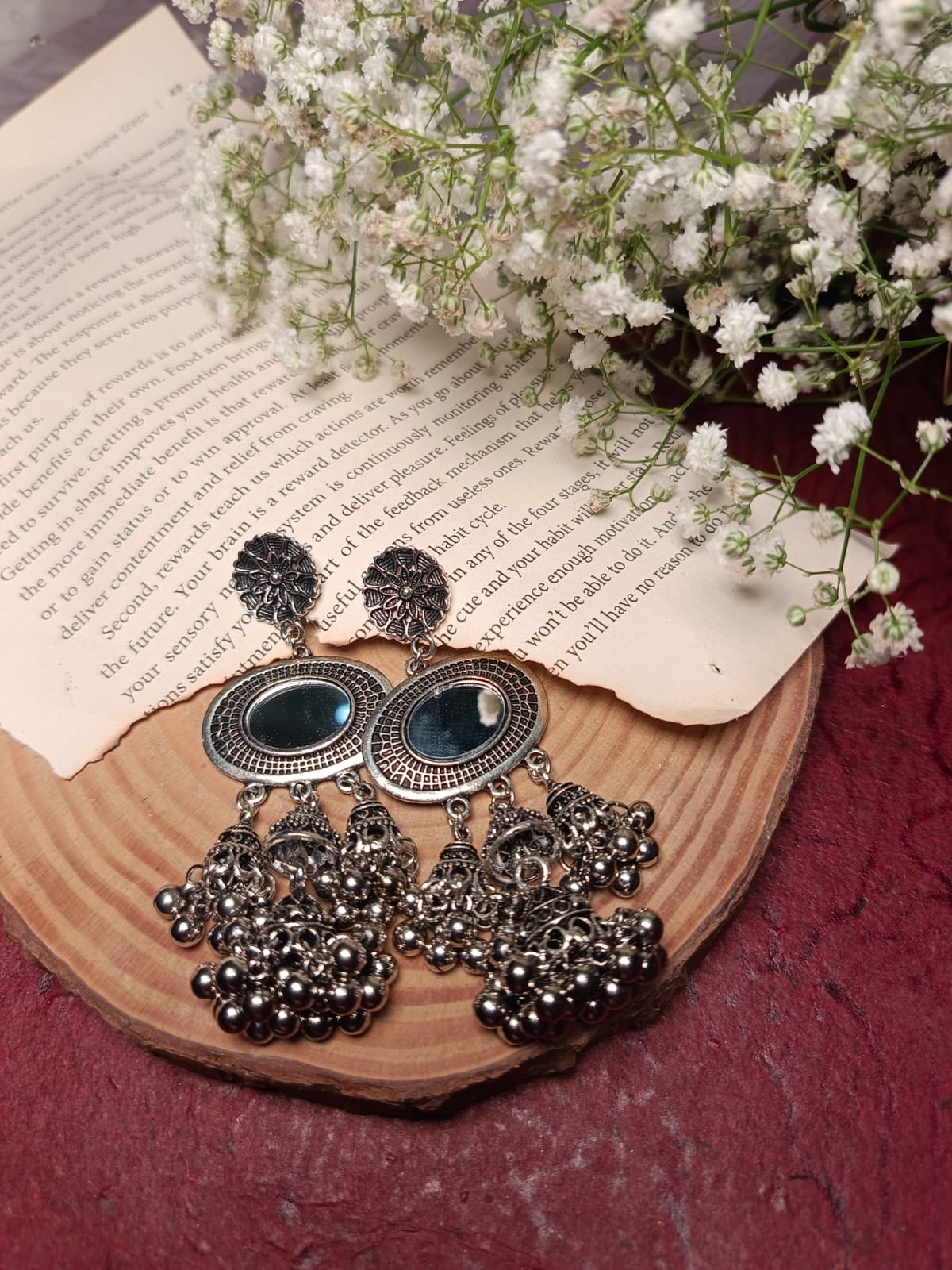 Oxidised Silver Mirror Jhumka Earrings with Ghoonghru and Floral Stud - Ethnic Indian Jewelry