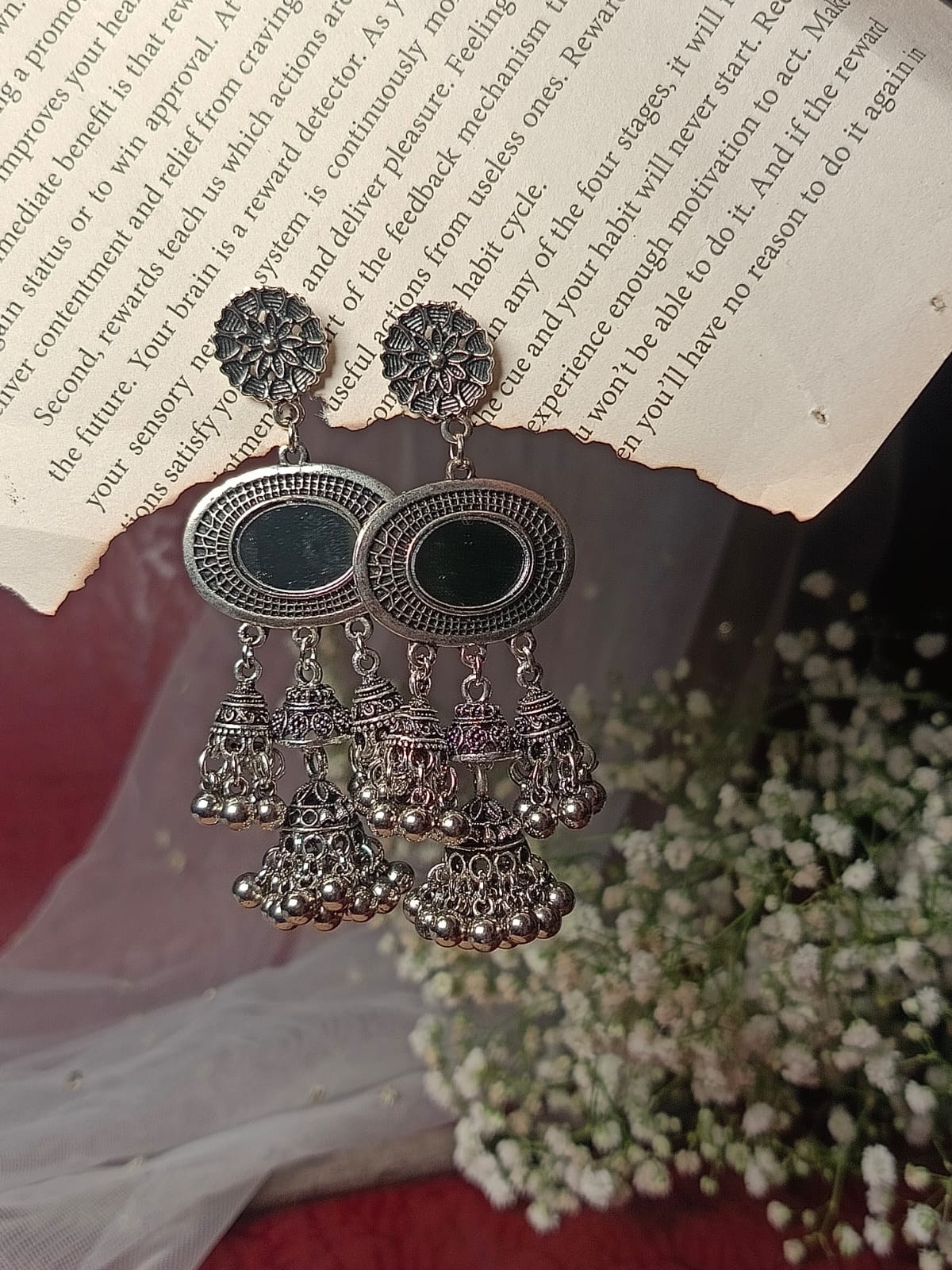 Oxidised Silver Mirror Jhumka Earrings with Ghoonghru and Floral Stud - Ethnic Indian Jewelry