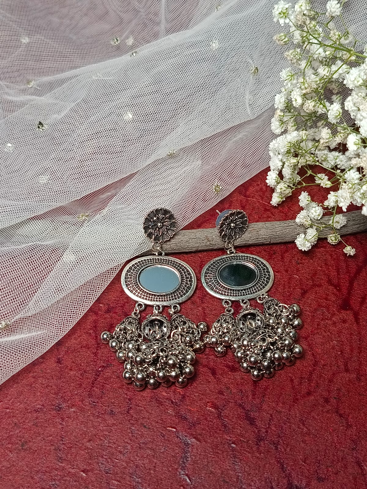 Oxidised Silver Mirror Jhumka Earrings with Ghoonghru and Floral Stud - Ethnic Indian Jewelry